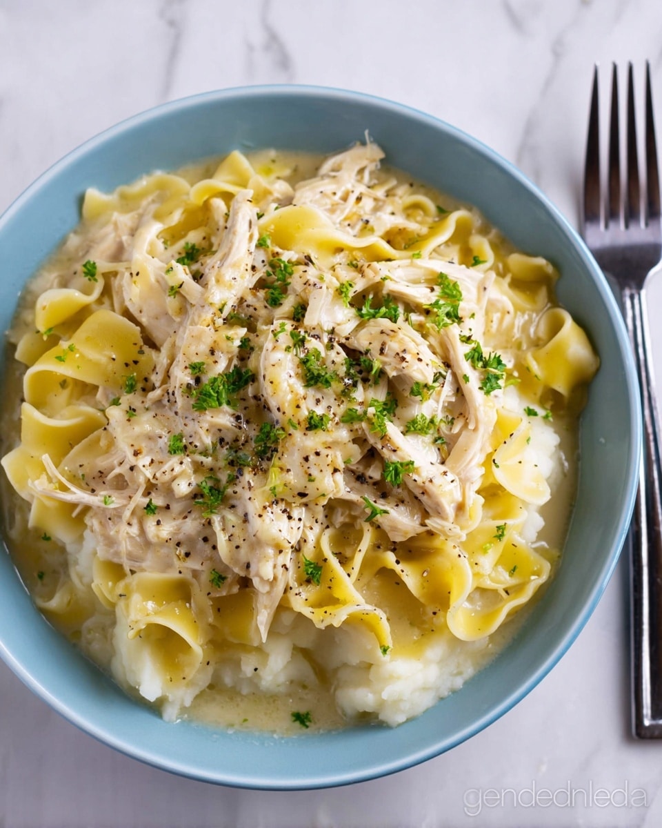 A white bowl holds a serving of mashed potatoes as the bottom layer, topped with a thick layer of wide egg noodles mixed with shredded chicken. The top layer is covered in light yellow creamy gravy with small bits of black pepper and chopped green parsley sprinkled on top. The bowl sits on a white marbled surface and a fork is visible to the side. photo taken with an iphone --ar 4:5 --v 7