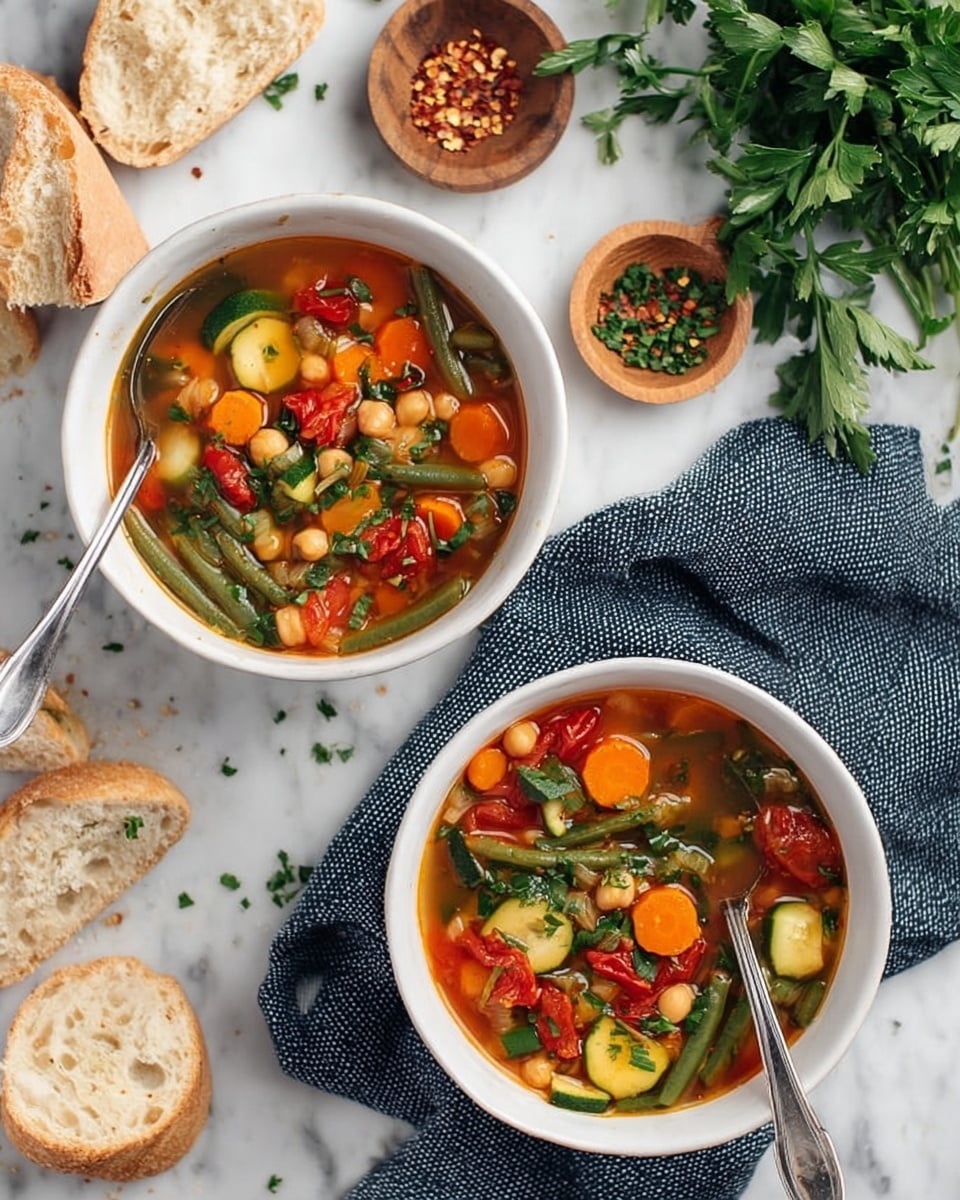 Two white bowls of vegetable soup sit on a white marbled surface. Each bowl contains a rich broth with layers of bright orange carrot slices, green beans, diced zucchini, and halved red cherry tomatoes, mixed with small chickpeas and chopped herbs that float on top. One bowl is placed on a dark blue textured cloth with a silver spoon inside, while the other bowl has a silver spoon resting inside and sits nearby. Scattered around the bowls are slices of light brown crusty bread, and small wooden dishes hold red pepper flakes and chopped green herbs. A bunch of fresh green parsley adds a fresh touch near the bowls. photo taken with an iphone --ar 4:5 --v 7