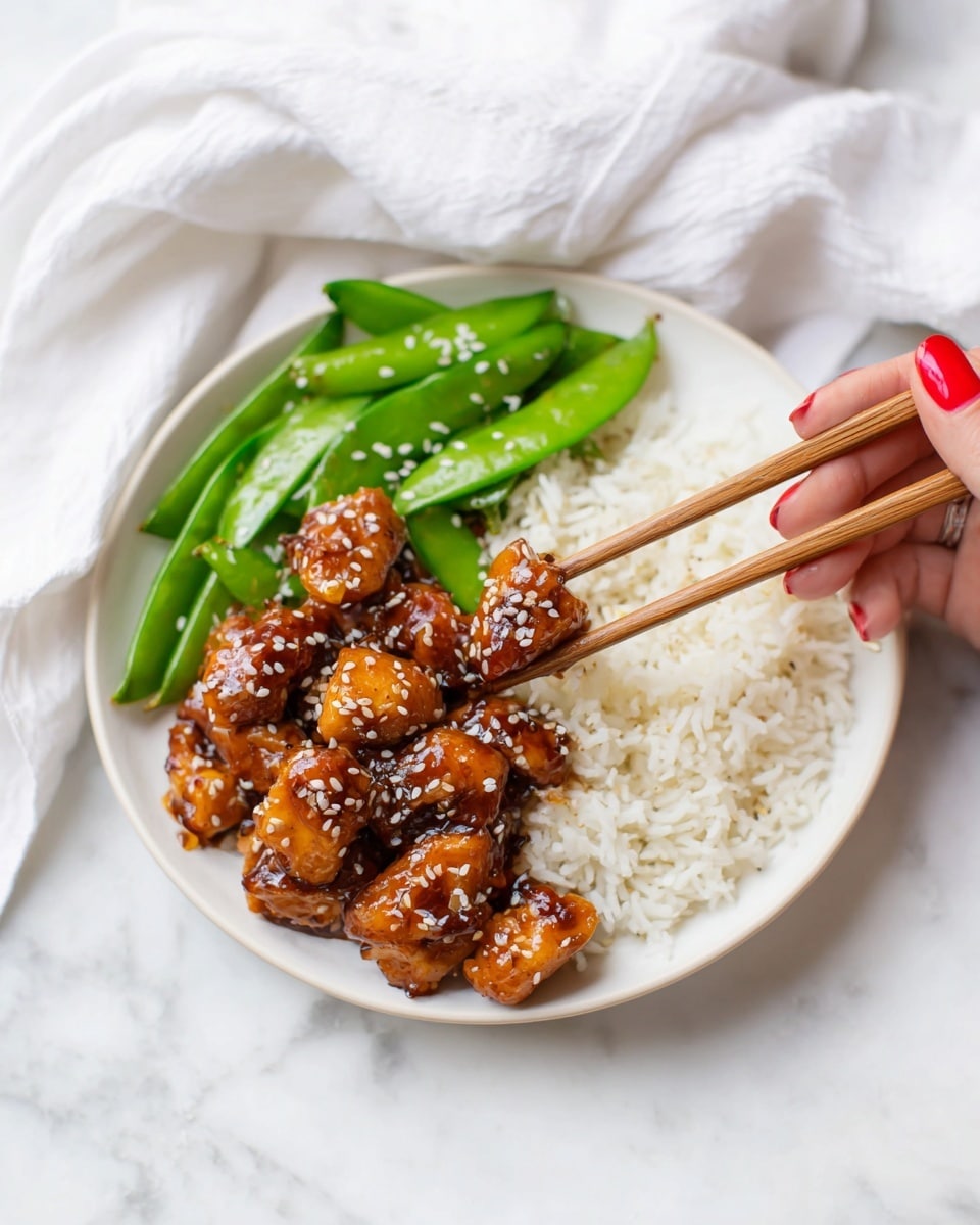A white plate shows a meal with three layers: on the left, a group of bright green snap peas; on the right, a base layer of soft white rice; and on top of the rice, multiple pieces of golden brown chicken covered in shiny dark brown sauce and sprinkled with small white sesame seeds. A woman's hand with red nail polish holds wooden chopsticks, picking up one piece of chicken. The plate is on a white marbled surface with a white cloth in the top background photo taken with an iphone --ar 4:5 --v 7