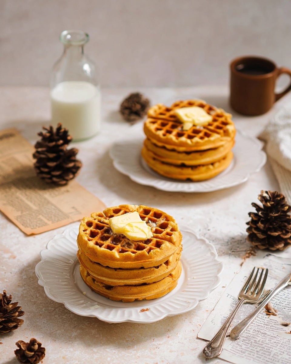 The image shows two stacks of six golden-brown waffles, each topped with a square of yellow butter that is slightly melting. Each stack is placed on a white scalloped plate, one in the front and one blurred in the back. The plates rest on a beige marble surface with pinecones and old paper pages scattered around. To the left, there is a clear glass bottle of milk and a brown cup. On the right side, two tarnished silver forks lay crossed. The scene has soft, natural lighting and a white marbled textured background. Photo taken with an iphone --ar 4:5 --v 7