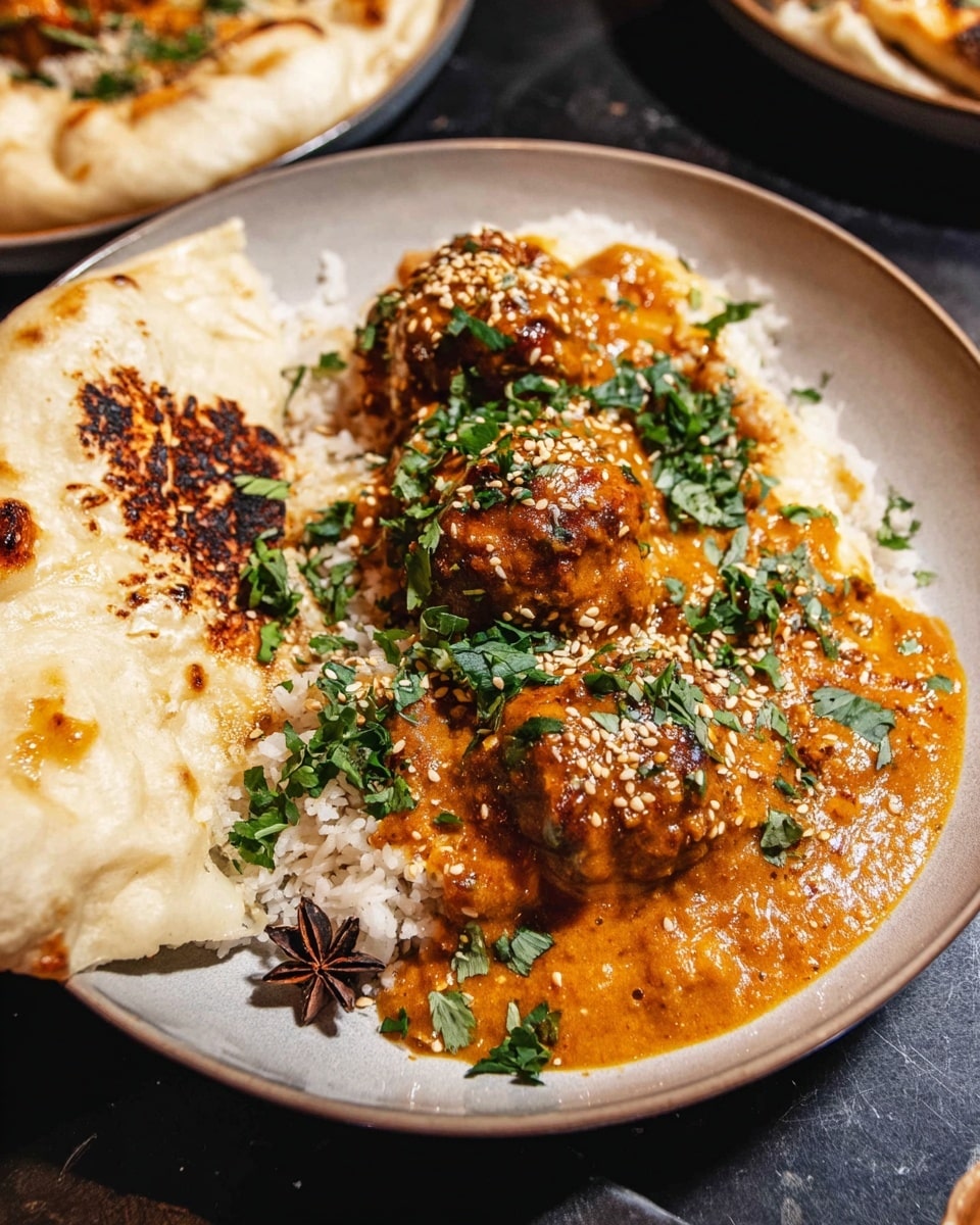 The dish shows a deep round plate with a base layer of white rice, topped with three pieces of brown, saucy chicken covered in a thick orange curry sauce. The curry sauce is sprinkled with sesame seeds and fresh chopped green herbs, mostly cilantro. On one side, there is a piece of folded white naan bread partly covered with some curry sauce. A dark brown star anise spice adds visual interest near the rice. The plate sits on a dark surface with another plate partly visible, holding more naan and sauce. photo taken with an iphone --ar 4:5 --v 7