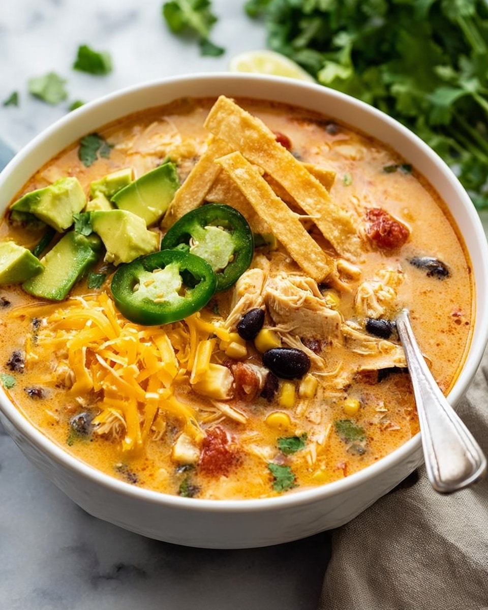 A round white pot filled with a thick soup made of several layers: the base layer is a creamy orange broth, mixed with shredded light brown chicken, black beans, yellow corn kernels, and red tomato pieces. On top, there are crispy golden-brown tortilla strips and green fresh cilantro leaves scattered around. A silver spoon rests inside on the right side, and some green cilantro bunches are in the background on a white marbled surface. photo taken with an iphone --ar 4:5 --v 7
