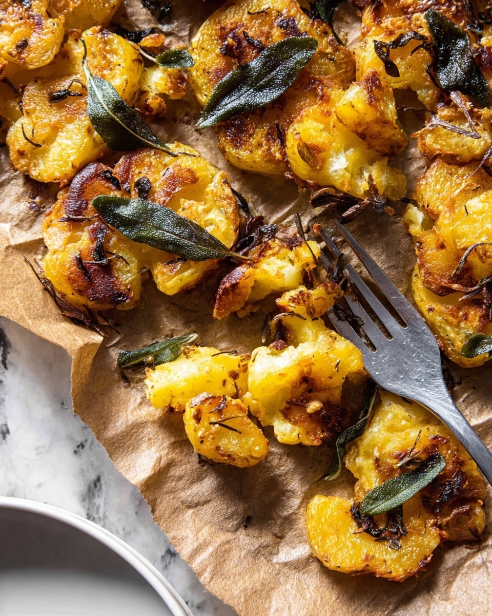 The image shows a close-up of a single layer of golden-yellow smashed potatoes with crispy brown edges, scattered with dark green fried sage leaves, all resting on light brown parchment paper. A silver fork lies on top, partially pressed into one of the potato pieces, showing the soft texture inside. The background is a white marbled surface with part of a white plate visible at the bottom left corner. The overall look is rustic with a mix of crispy and soft textures, warm yellow and brown colors with green herbs. photo taken with an iphone --ar 4:5 --v 7