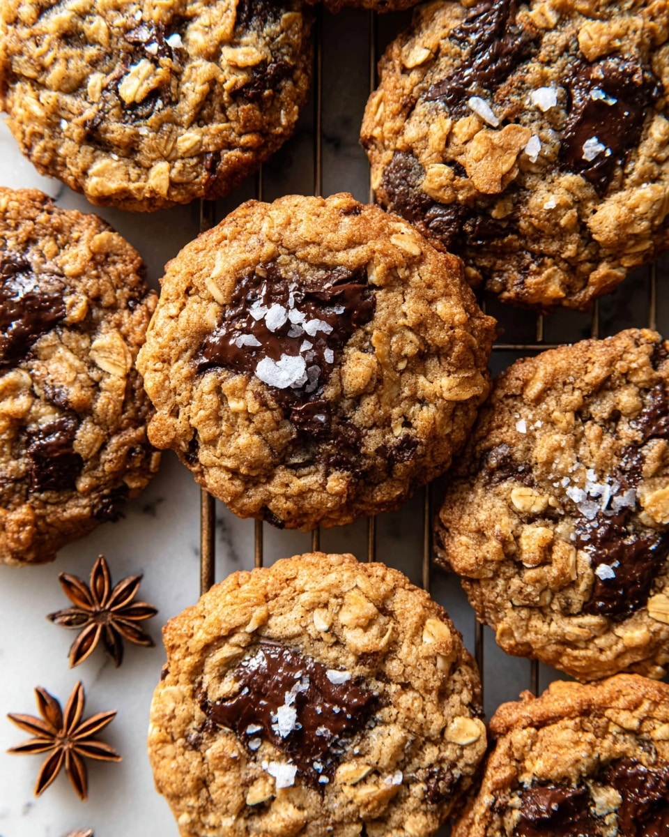 The image shows several round oatmeal chocolate chip cookies placed closely on a wire cooling rack over a white marbled surface. Each cookie has a rough, textured golden-brown surface with visible rolled oats and dark melted chocolate chunks embedded within them. There are small flakes of white sea salt scattered on top of the cookies, giving a contrast to the warm cookie colors. The cookies have uneven edges and look thick and soft, with some chocolate areas appearing glossy and melted. In the lower left corner, there are brown star anise pieces, adding an extra detail to the composition. Photo taken with an iphone --ar 4:5 --v 7