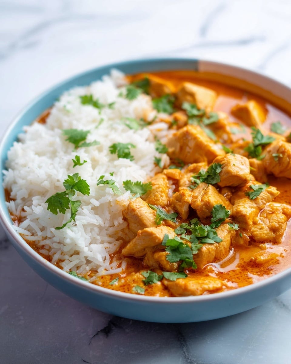 A white bowl holds two main layers: on one side, there is bright white fluffy rice with visible grains, and on the other side, pieces of light golden chicken sit in a thick, rich orange sauce. The chicken pieces are cut into bite-sized chunks and scattered evenly midst the smooth sauce, which has a slightly glossy texture. Small green cilantro leaves are sprinkled on top, adding a pop of fresh color. The bowl rests on a white marbled surface with a soft, natural light highlighting the textures. Photo taken with an iphone --ar 4:5 --v 7