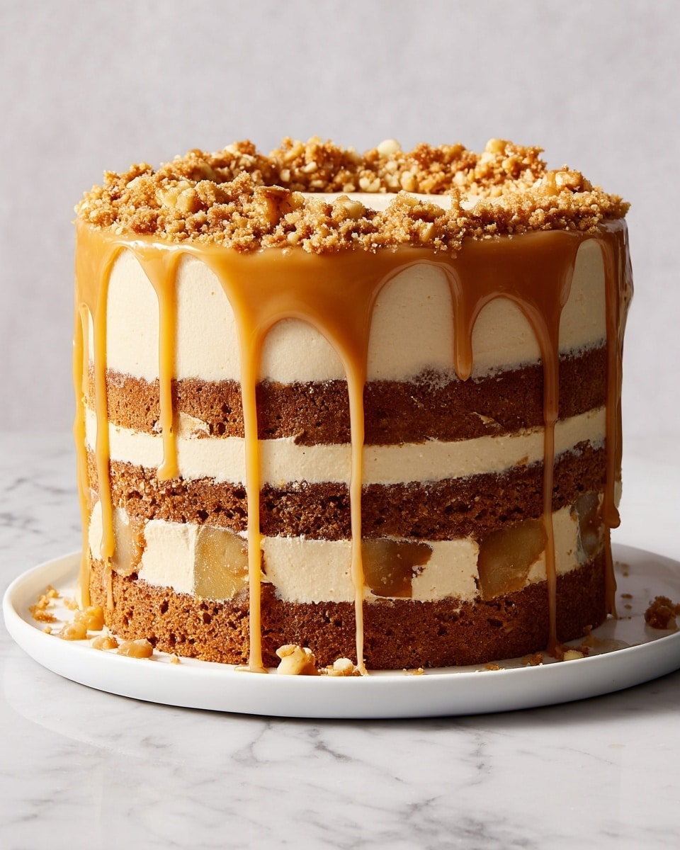 A tall, three-layer cake on a white plate, each layer a light brown color with visible chunks inside, separated by thin cream-colored frosting layers mixed with soft brown filling that looks like caramel or fruit pieces. The outside is covered in smooth, pale beige frosting with caramel sauce slowly dripping down from the top edges. The top of the cake is sprinkled with crumbly topping that matches the cake layers in color. The cake is placed on a white marbled surface. Photo taken with an iphone --ar 4:5 --v 7
