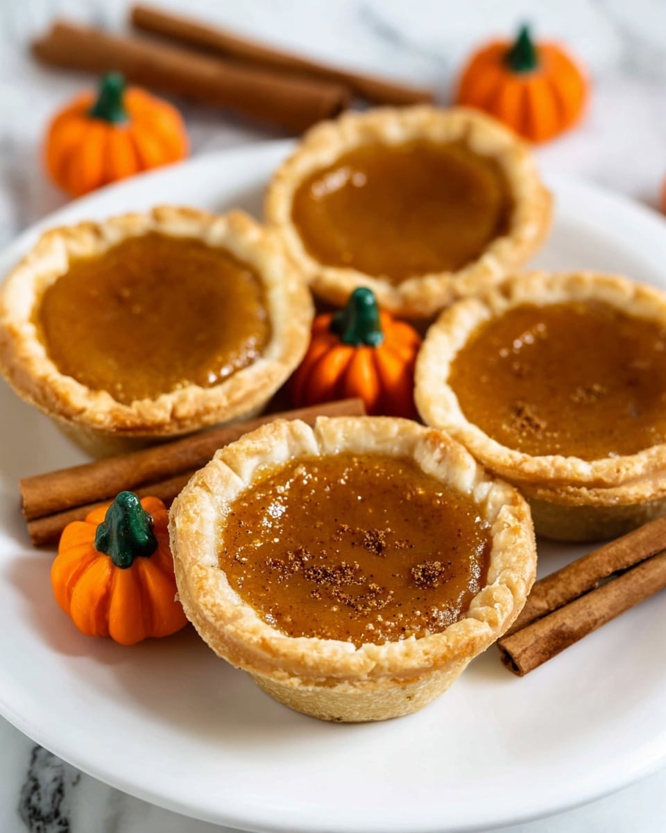 A close-up of several small pumpkin pies on a white plate with a white marbled surface, each pie showing a golden brown crust with a textured edge and smooth deep orange filling. The top pie is decorated with a dollop of white whipped cream sprinkled lightly with cinnamon powder. Around the pies are a few small orange pumpkin-shaped candies with green tops, adding color contrast. The background shows more pumpkin pies slightly out of focus. photo taken with an iphone --ar 4:5 --v 7