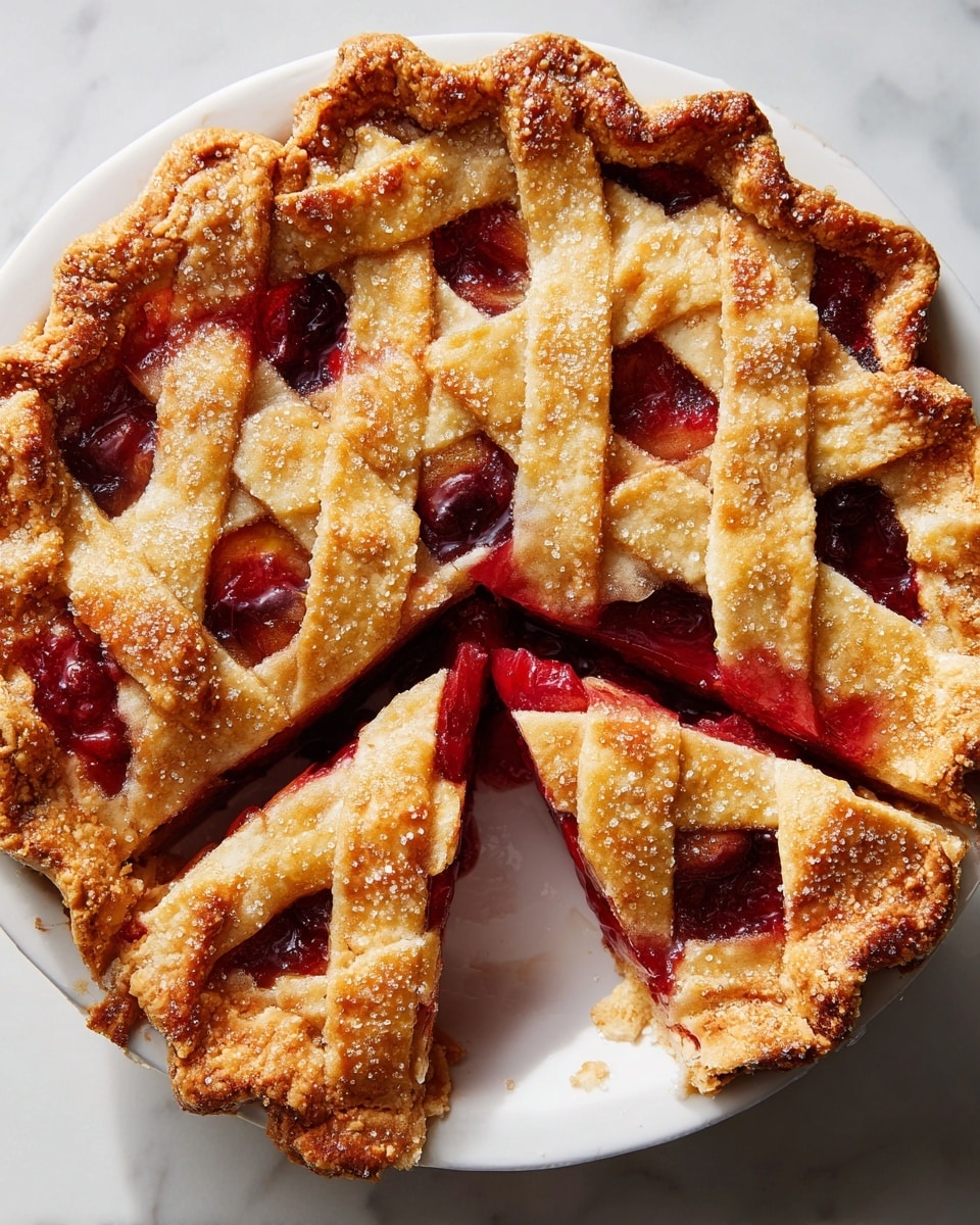 A round pie with a golden brown crust on top, made of thick lattice strips laid in a crisscross pattern. Underneath the crust, the filling is visible through the gaps, showing red and orange fruit pieces with a glossy, juicy texture. The pie sits on a white plate placed on a beige fabric cloth, all on a white marbled surface. A silver pie server is positioned near the top right of the pie. Photo taken with an iphone --ar 4:5 --v 7