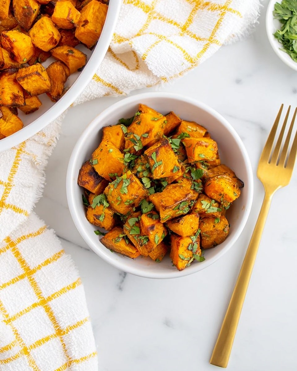 A small white bowl is filled with bright orange roasted sweet potato cubes that have browned edges, giving a slightly crispy look. The sweet potatoes are topped with fresh green chopped herbs scattered unevenly on top, adding a pop of color. Next to the bowl is a gold fork with a simple, smooth design resting on a white marbled surface. Part of a white bowl with more roasted sweet potatoes is seen in the upper left corner, with a white cloth that has a yellow grid pattern underneath it. The whole scene sits on a clean white marble background. photo taken with an iphone --ar 4:5 --v 7