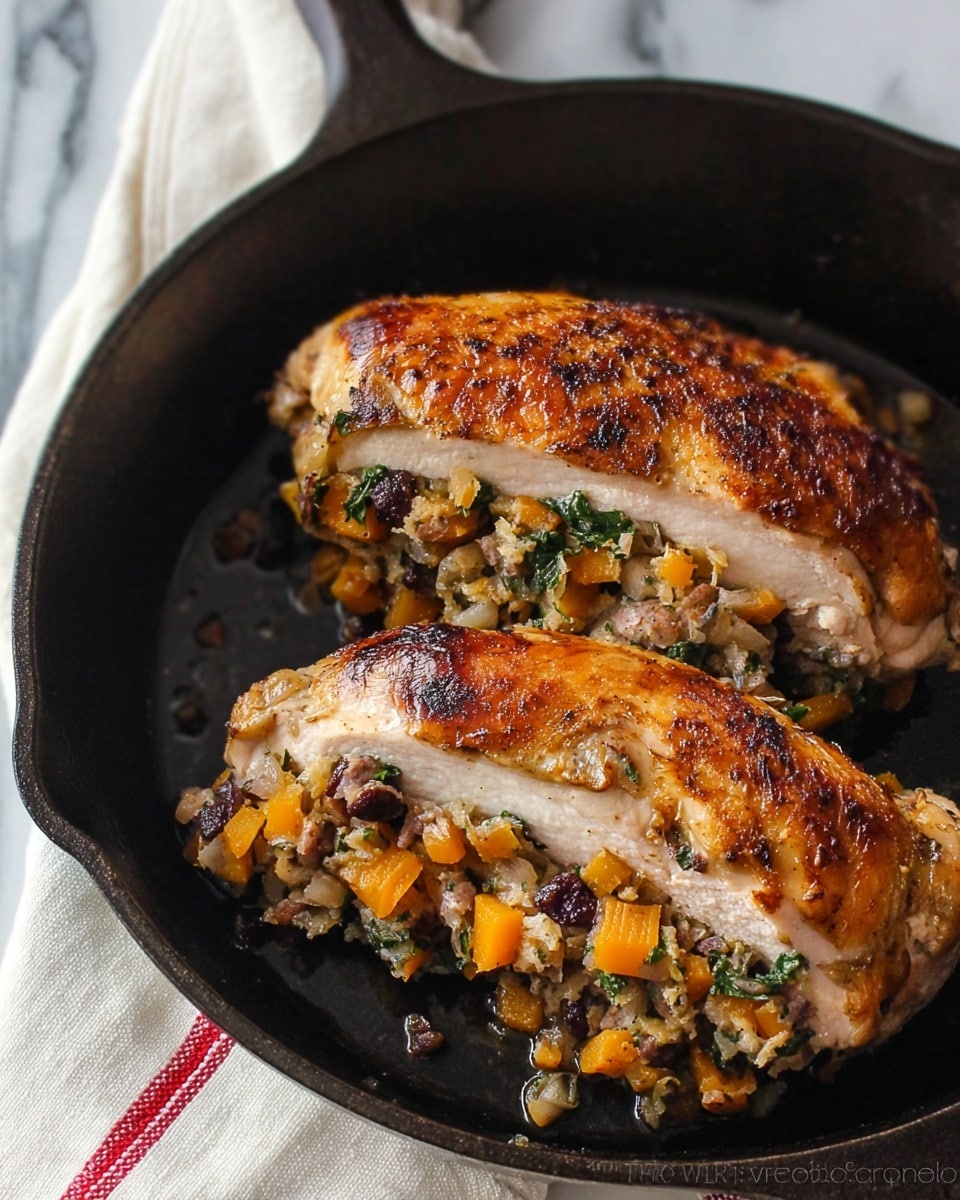 Two thick pieces of cooked chicken look golden brown on top, filled with chunky layers of vegetables inside. The filling has bright orange cubes, dark purple bits, and green leafy pieces mixed softly together in three different layers. The chicken is placed in a black pan with a shiny surface under it that shows some oil. The edges of the chicken are slightly browned, showing a crispy look. photo taken with an iphone --ar 4:5 --v 7