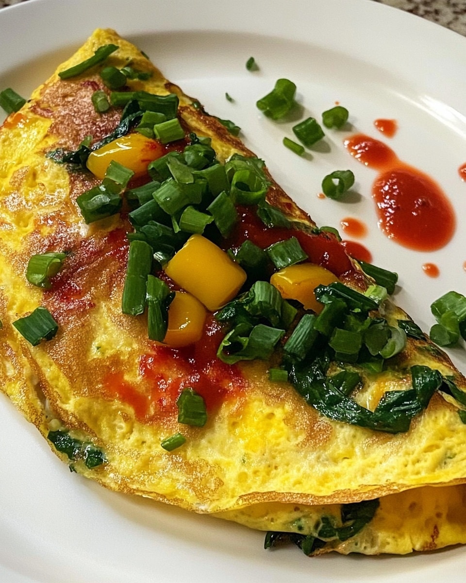 A white plate holds a folded yellow omelette with a slightly textured surface, showing golden spots from cooking. Inside and spilling out are green leafy vegetables and yellow bell pepper pieces. The top of the omelette is decorated with chopped green onions and small drops of red sauce scattered unevenly. The plate sits on a white marbled surface. photo taken with an iphone --ar 4:5 --v 6.1