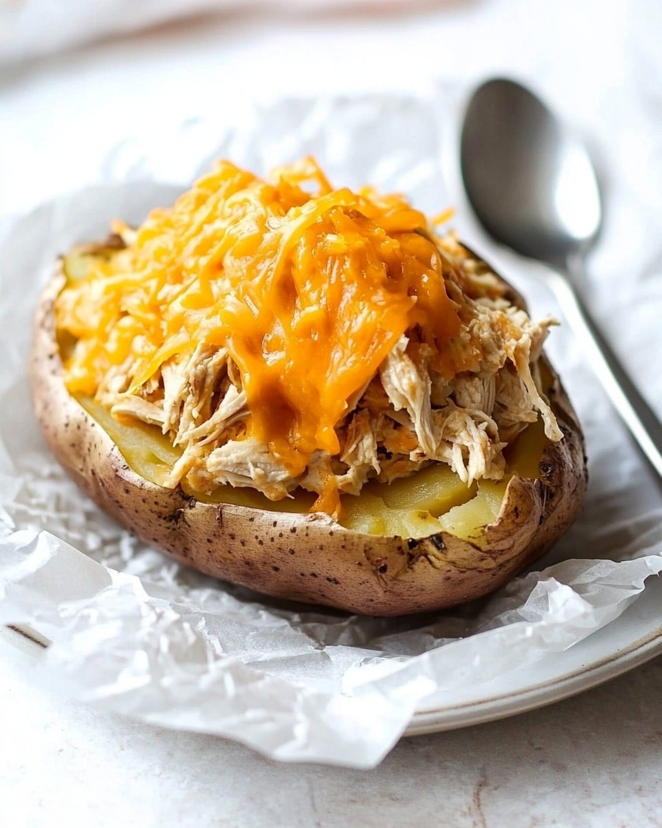 A baked potato with a brown, slightly rough skin sits in a white basket lined with white paper. The potato is split open and filled with a creamy, light beige chicken mixture. On top, there is a generous layer of melted bright orange cheddar cheese, with a drizzle of reddish-orange sauce adding contrast and shine. The setting includes a white marbled surface and soft white fabric in the background, giving a clean and cozy feel. Photo taken with an iphone --ar 4:5 --v 6.1