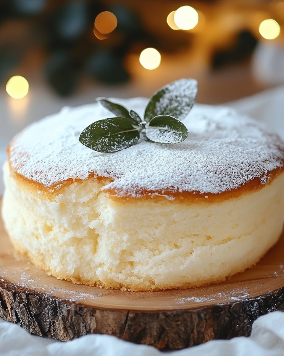 The image shows a tall, fluffy cake with two main layers: a thin, light brown base layer and a thick, airy white cream layer on top. The top layer is soft and fluffy with a lightly browned, slightly cracked surface dusted with white powdered sugar. A small sprig of green mint leaves rests on the center of the cake. The cake is placed on a round wooden board, set on a white marbled surface. Photo taken with an iphone --ar 4:5 --v 6.1