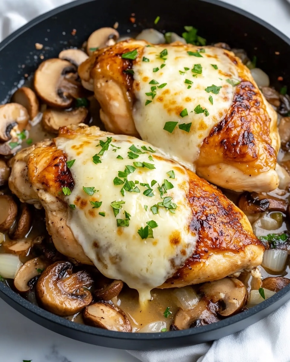 Two pieces of cooked chicken with crispy, golden brown skin sit on top of a layer of sautéed mushrooms and melted white cheese that oozes slightly around the edges. The chicken is sprinkled with fresh green herbs, adding a touch of color on top of the warm tones. All the food is placed inside a black pan, which rests on a white cloth on a white marbled surface. photo taken with an iphone --ar 4:5 --v 6.1
