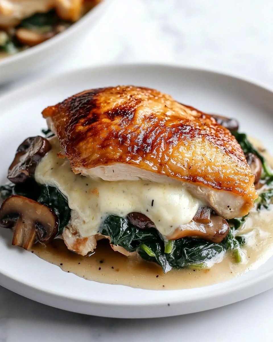 The image shows two golden brown cooked chicken pieces with crispy skin, each topped with melted white cheese that slightly covers the sides. Beneath the cheese and chicken, there are visible sautéed brown mushroom slices mixed with small bits of fresh green herbs scattered around. The chicken sits in a black pan with a light broth, resting on a white marbled surface with a white cloth underneath part of the pan. Photo taken with an iphone --ar 4:5 --v 6.1