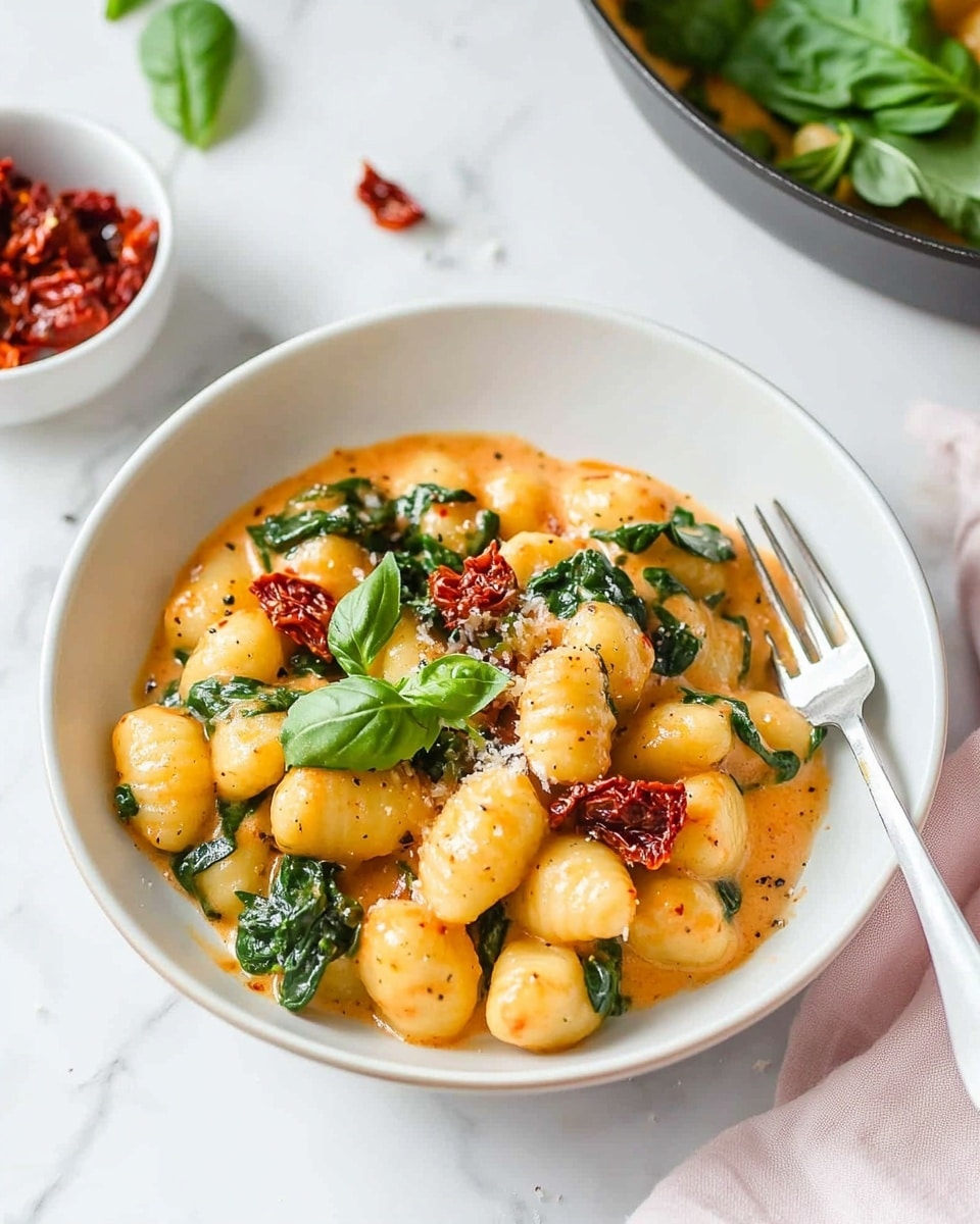 A white bowl holds a dish of soft gnocchi covered in a light orange creamy sauce mixed with wilted green spinach and pieces of red sun-dried tomatoes. The plate is garnished with a fresh green basil leaf on top, with a silver fork resting on the right side digging into the food. In the background, there is a white bowl filled with chopped fresh basil to the upper left, a small white bowl with sun-dried tomatoes below it, and a pan filled with the same orange sauce and gnocchi with spinach to the upper right. There is a fresh basil bunch in an orange pot on the lower left, all on a white marbled surface with a soft pink cloth to the right. photo taken with an iphone --ar 4:5 --v 6.1