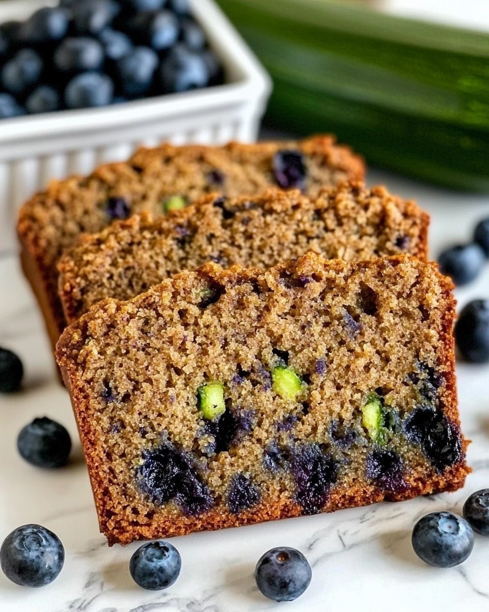 Two slices of moist zucchini bread with visible small green zucchini pieces and dark blueberries evenly spread inside. The bread has a rough, golden-brown crust with a slightly soft and textured inside. The slices lie flat on a white marbled surface, surrounded by fresh blueberries. Behind the bread, there are two dark green zucchinis and a white container filled with more blueberries, all placed on the same white marbled background. Photo taken with an iphone --ar 4:5 --v 6.1