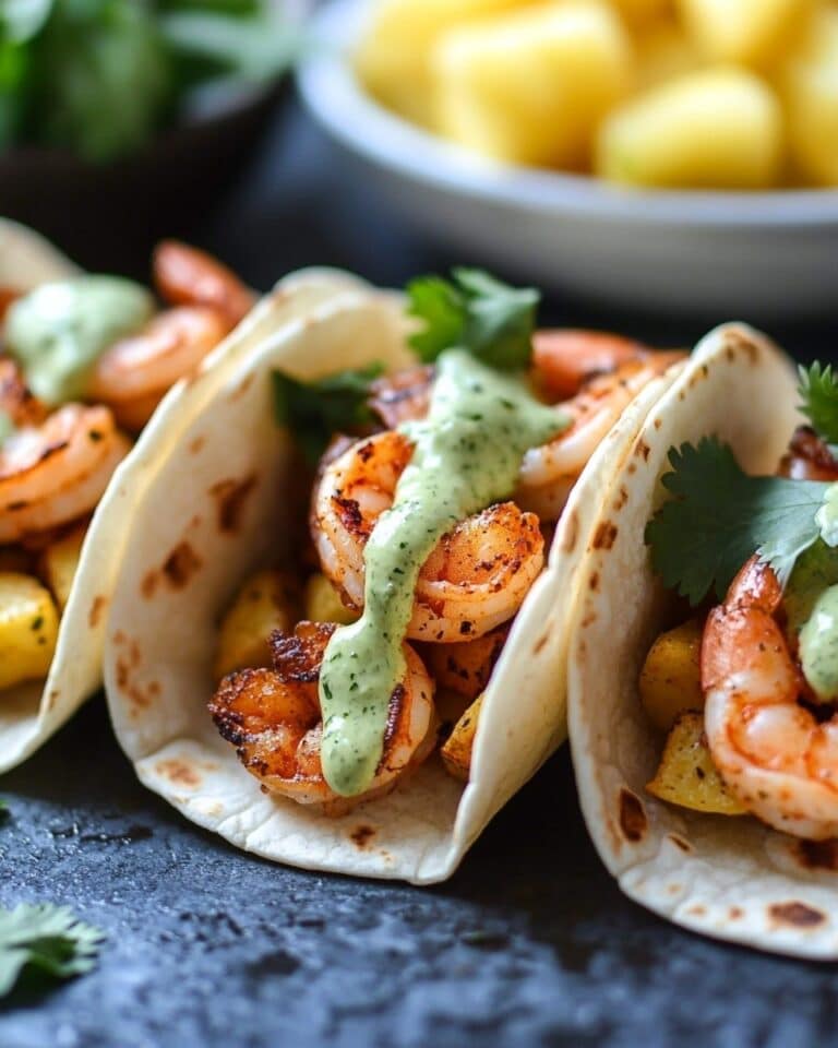 Sheet Pan Shrimp and Pineapple Tacos with Creamy Avocado Cilantro Sauce Recipe