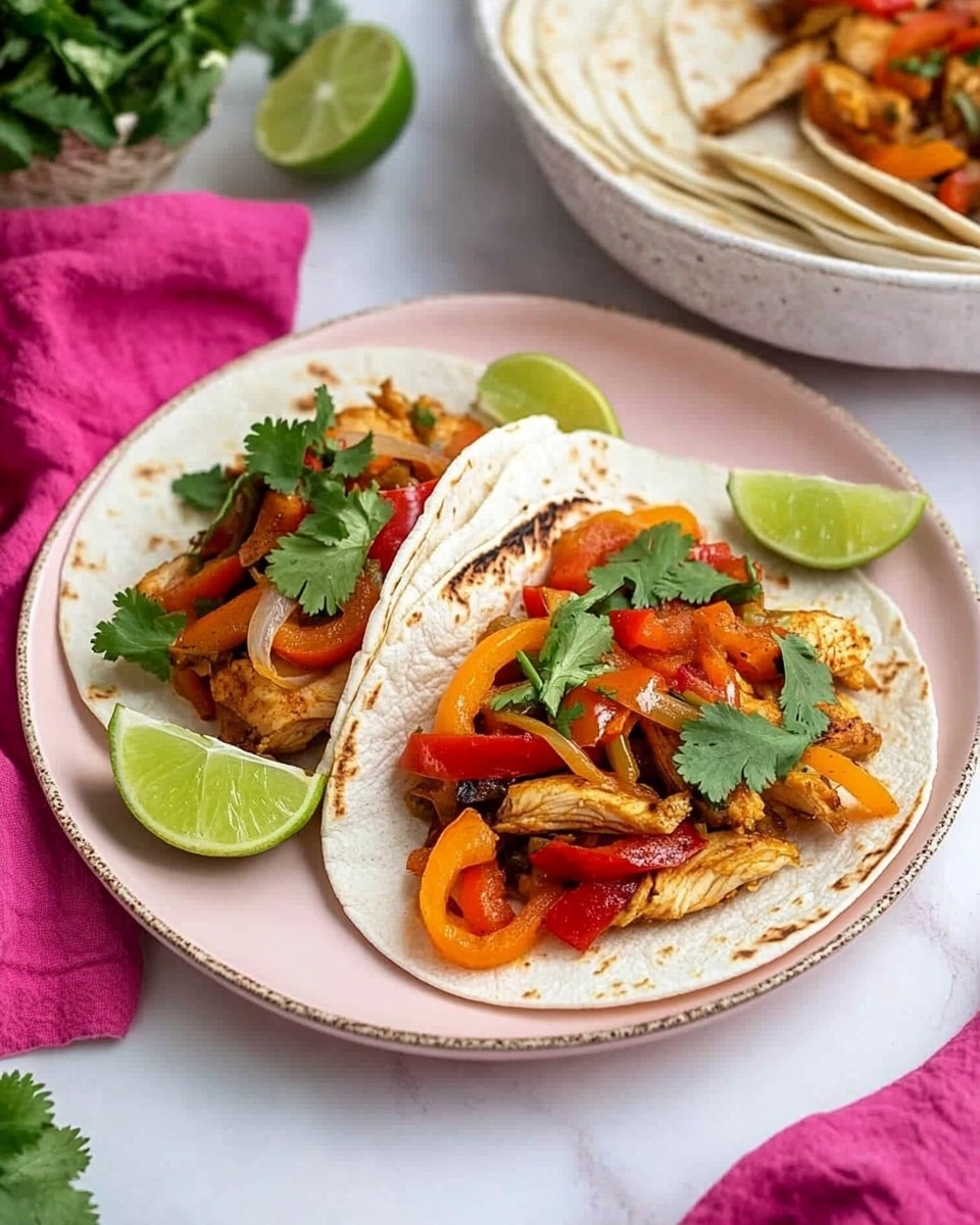 Two soft, small white tortillas placed side by side on a pale pink plate with a textured rim. Each tortilla is layered with cooked pieces of light brown chicken, topped with sautéed orange and red bell peppers and onions that add a mix of soft and slightly shiny textures. Bright green fresh cilantro leaves are scattered on top, adding a fresh look. On one side of the plate, there are two wedges of fresh lime with a shiny, juicy texture. The plate is set on a white marbled surface with a bright pink cloth napkin next to it. In the background, there is a white bowl filled with more cooked chicken and peppers, and a basket of white tortillas along with small white dishes holding lime wedges and cilantro. Photo taken with an iphone --ar 4:5 --v 6.1