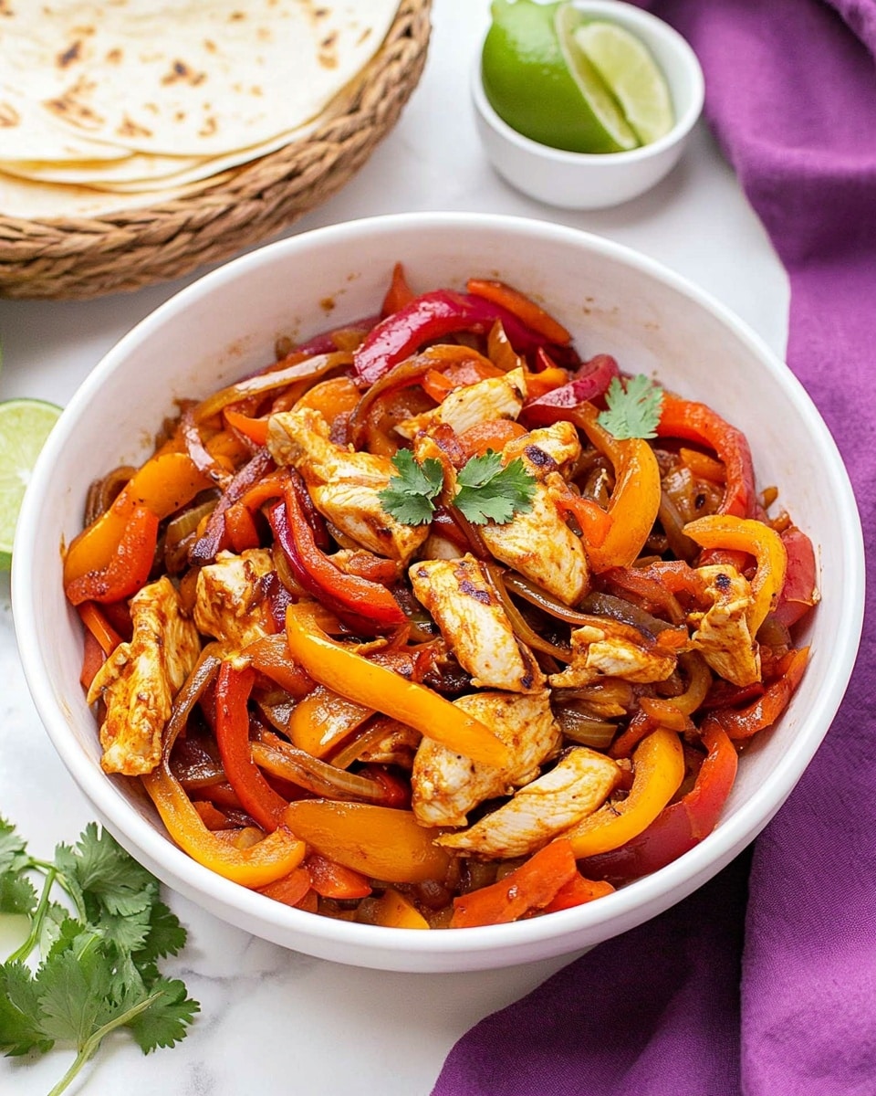 A white bowl filled with cooked sliced chicken pieces layered at the bottom, topped with a colorful mix of sautéed red, yellow, and orange bell pepper slices along with caramelized onion strips that have a slightly glossy texture. The bowl is placed on a white marbled surface with a purple cloth nearby. To the left, there is a white plate with a tortilla partially visible, topped with some of the same chicken and pepper mixture, garnished with a small green leaf. In the background, a small white bowl containing fresh green cilantro leaves and another white bowl with lime wedges are visible. A basket with round tortillas is on the right side. Photo taken with an iphone --ar 4:5 --v 6.1