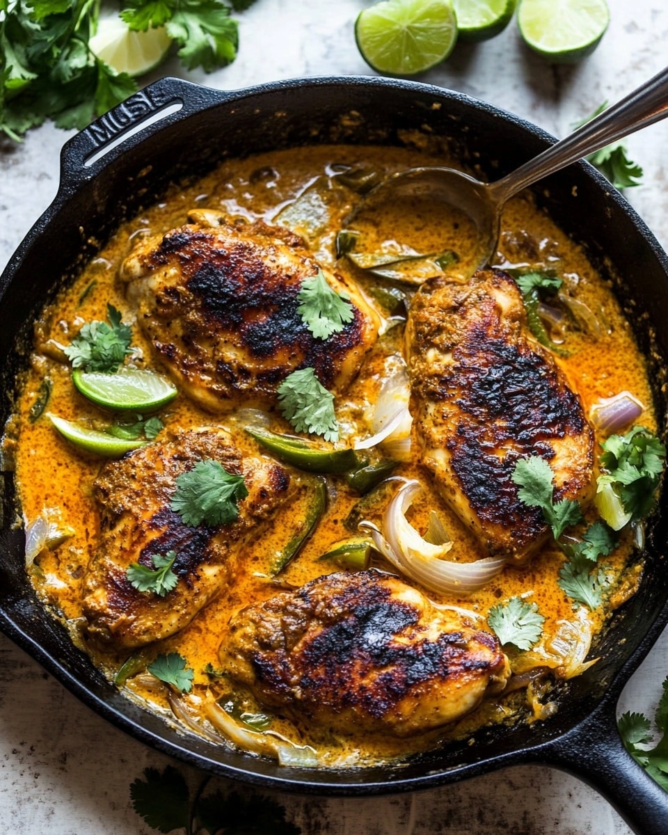 The dish shows three cooked chicken pieces with a crispy browned skin on top, surrounded by a creamy orange sauce mixed with cooked onion slices and green chili peppers that have softened. Fresh green cilantro leaves are scattered over the chicken, adding a bright contrast to the warm tones. The dish is served in a black cast iron pan placed on a rustic wooden surface, with a small white bowl of lime wedges next to it. photo taken with an iphone --ar 4:5 --v 6.1