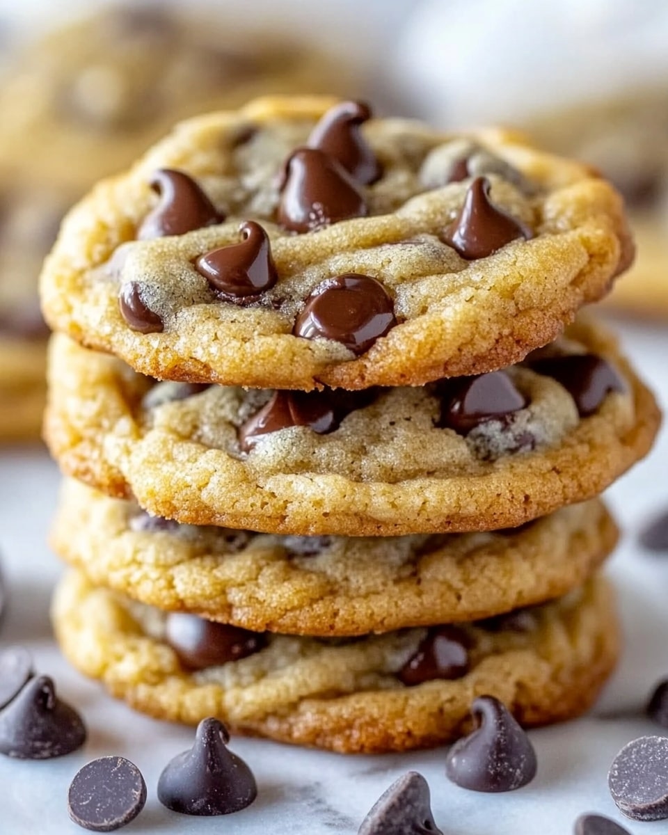 A stack of four thick, soft chocolate chip cookies sits on a white marbled surface, each cookie light golden brown with shiny, semi-melted dark chocolate chips spread evenly throughout. Around the stack, a few loose chocolate chips add texture, while the cookies themselves look slightly crinkled and chewy, showing a rich, soft dough beneath the chocolate. The background is softly blurred with hints of more cookies, giving a warm and fresh-baked feeling. Photo taken with an iphone --ar 4:5 --v 6.1