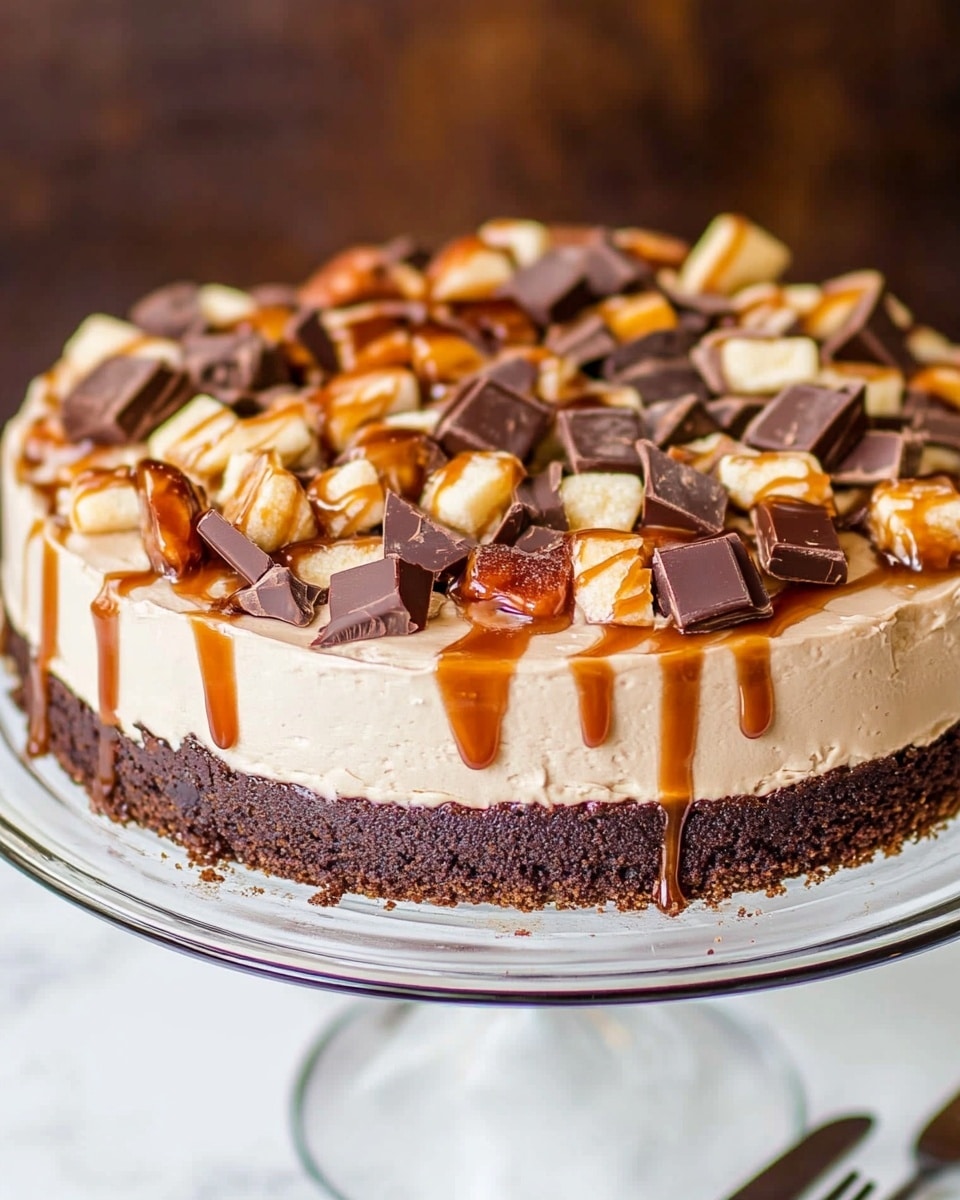 A round dessert in a clear glass dish shows three layers: the bottom layer is dark chocolate cookie crumbs, the middle layer is smooth white cream, and the top is covered with chunky pieces of chocolate and caramel candy scattered all over. There are drizzles of orange caramel sauce on top, adding shine and a fresh look. A slice is missing, revealing the neat layers inside, and a silver fork with some dessert on it rests on a white plate in the background on a white marbled surface. photo taken with an iphone --ar 4:5 --v 6.1