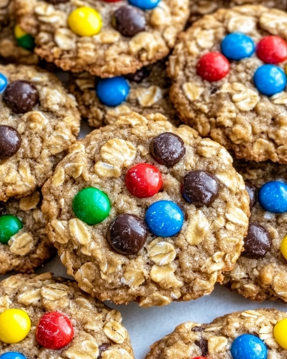 The image shows a stack of four oatmeal cookies with colorful candy pieces mixed in, each cookie has a rough, crumbly texture and a light brown color. The top cookie displays bright yellow, green, blue, red, and orange candies embedded on the surface. The cookies are stacked unevenly on each other with candies scattered loosely around the base on a white marbled surface. The photo is closely focused on the cookies, highlighting their texture and the shiny candy pieces. photo taken with an iphone --ar 4:5 --v 6.1