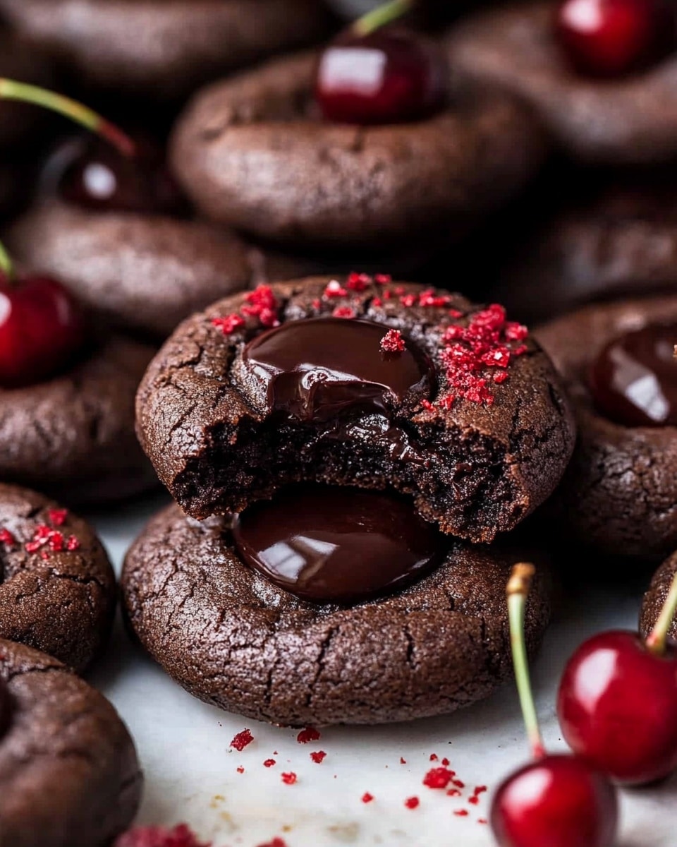 The image shows several small round chocolate cookies with smooth, shiny tops and a soft, moist inside, each filled with dark melted chocolate in the center. A few cookies are stacked, revealing the thick, rich filling inside. On top of some cookies, there are tiny bright red pieces scattered, adding texture and color contrast. Surrounding the cookies are whole fresh cherries with bright red skin and green stems, placed casually on a white marbled surface. The photo taken with an iphone --ar 4:5 --v 6.1