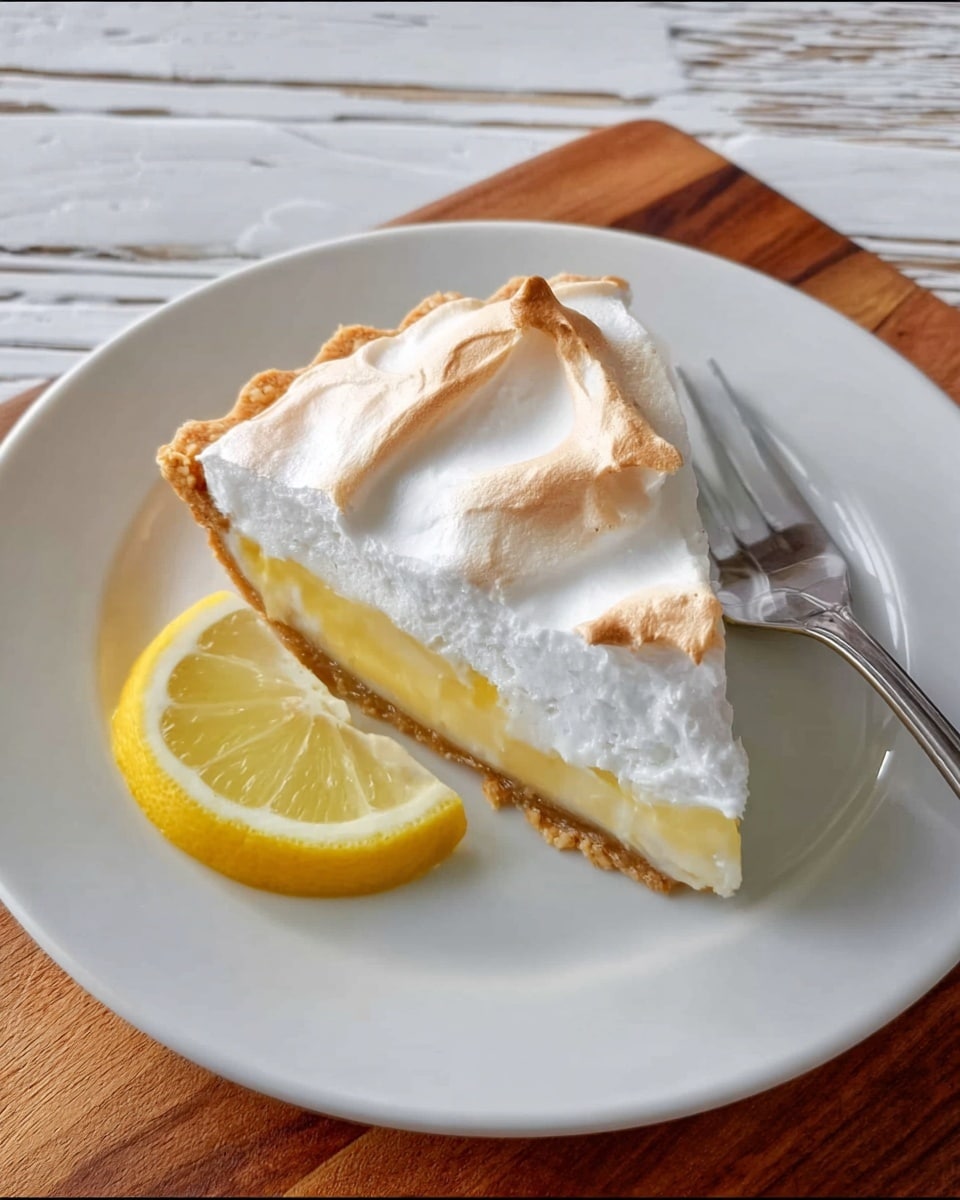 A slice of lemon meringue pie sits on a white plate, placed on a wooden surface replaced with a white marbled texture. The pie has three layers: the bottom layer is a light brown crust, the middle layer is a thick, pale yellow lemon filling, and the top layer is white meringue with soft peaks toasted to a light golden brown in spots. A thin lemon wedge rests on the plate near the pie slice, and a shiny silver fork lies beside it. Photo taken with an iphone --ar 4:5 --v 7