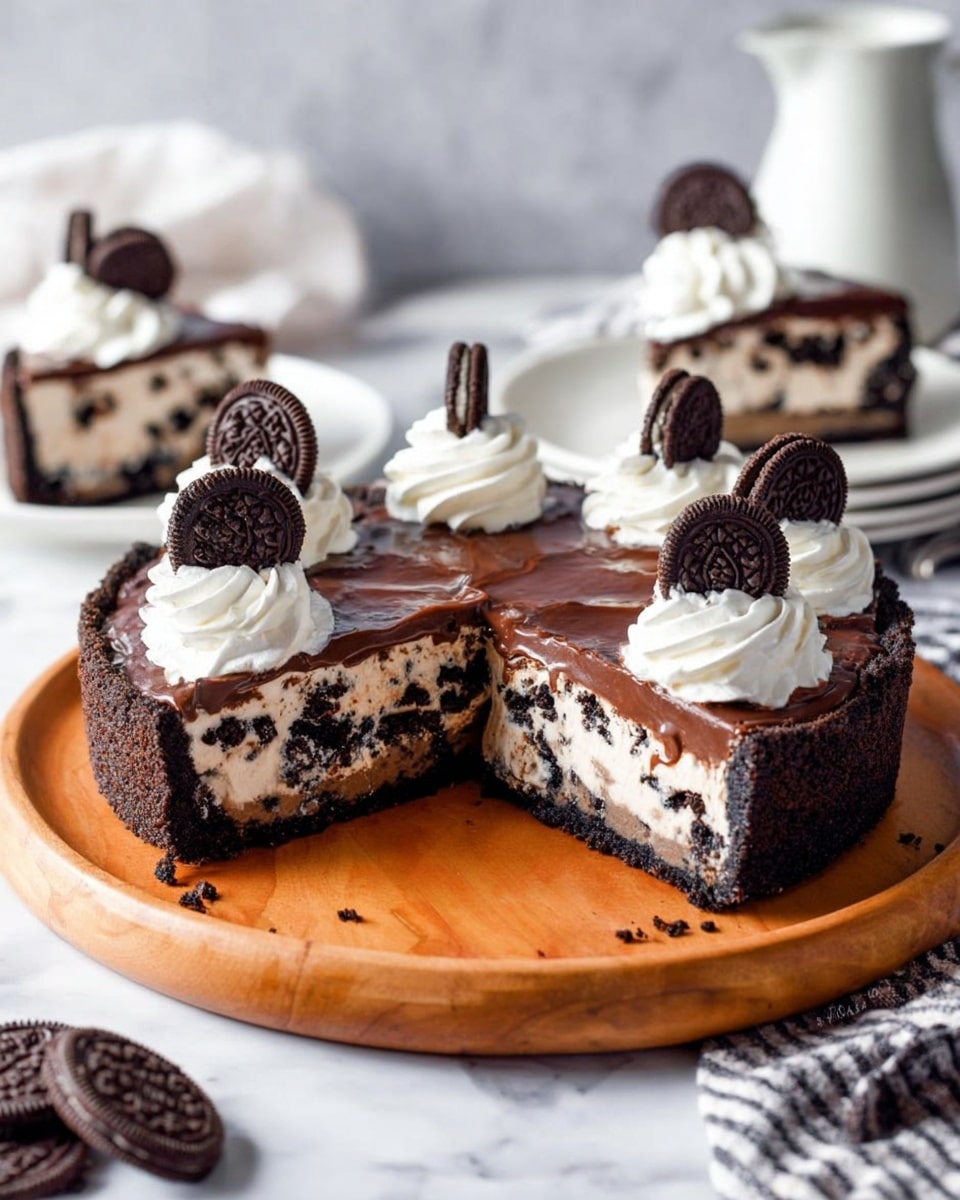 The dish is a round tart with three visible layers: the bottom layer is a dark brown crumbly cookie crust with a rough texture, the middle layer is a creamy white filling with tiny dark cookie pieces mixed in, and the top layer is a smooth, shiny dark chocolate ganache. On top, there are six evenly spaced dollops of white whipped cream, each topped with half of a dark chocolate sandwich cookie placed upright. Around the tart, whole and broken chocolate cookies are scattered on a white marbled surface, along with a white jug filled with chocolate sauce, and a white towel with dark stripes. Photo taken with an iphone --ar 4:5 --v 7