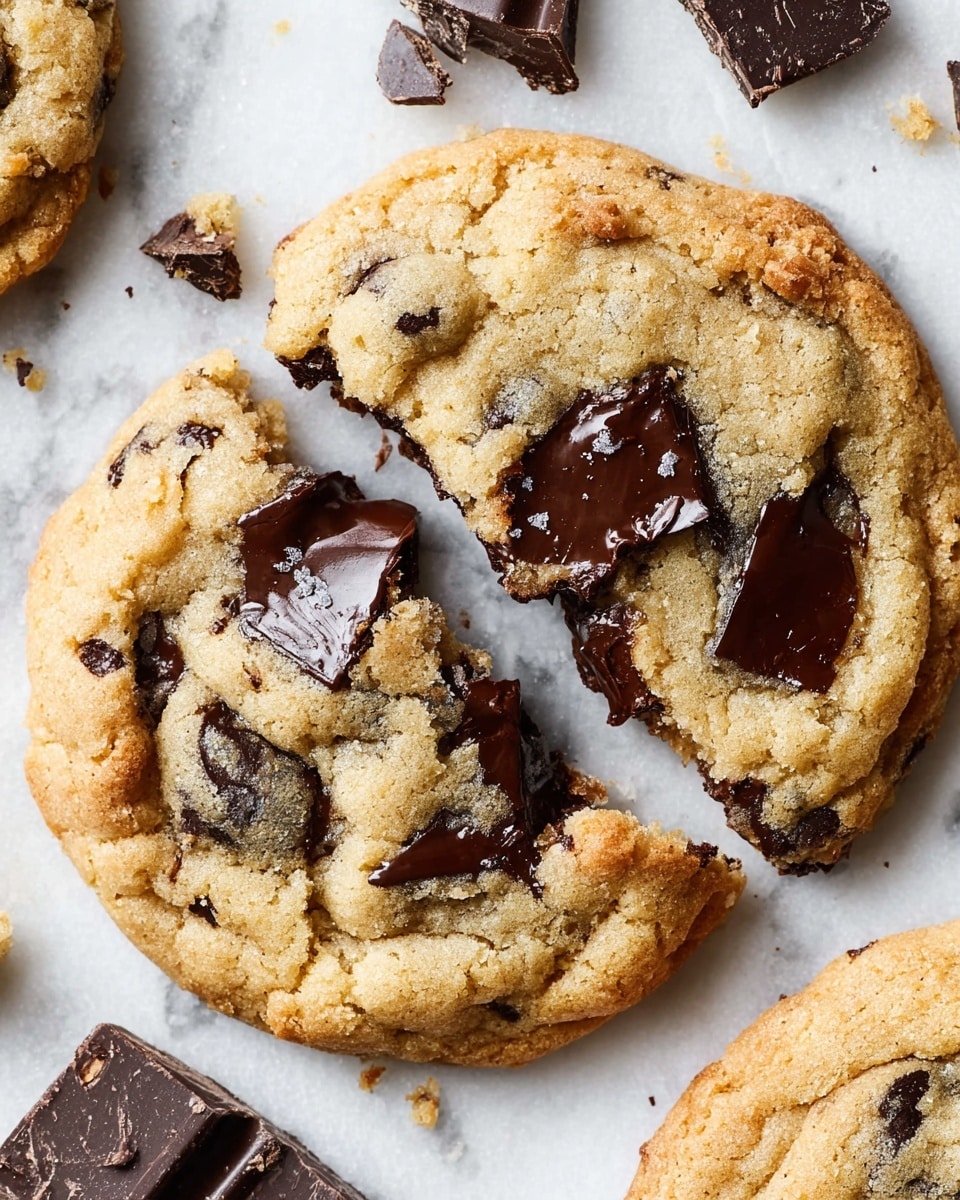 A close-up view of a soft chocolate chip cookie broken into two pieces on a white marbled surface, showing a golden-brown top layer with a slightly cracked texture. Large melted dark chocolate chunks peek through the top and inside the cookie, with crumbs around the edges. Pieces of broken chocolate chunks are scattered near the cookie on the white marbled surface. Photo taken with an iphone --ar 4:5 --v 7