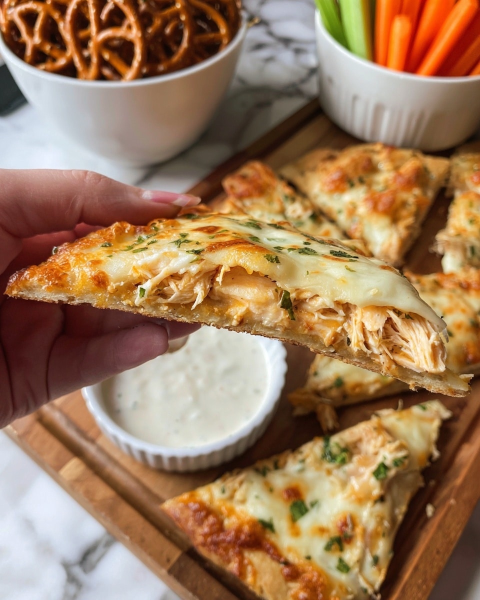 A close up of a woman's hand holding a slice of a cheesy baked flatbread, showing two visible layers: a thin, golden-brown crust at the bottom and a thick, melted cheese layer mixed with shredded chicken on top. The flatbread slice looks soft with some herbs in the cheese layer. Below, more slices rest on a wooden board next to a small white bowl filled with creamy ranch dressing. In the background, there is a white bowl full of pretzels and another white bowl holding carrot and celery sticks. The scene sits on a white marbled surface. photo taken with an iphone --ar 4:5 --v 7