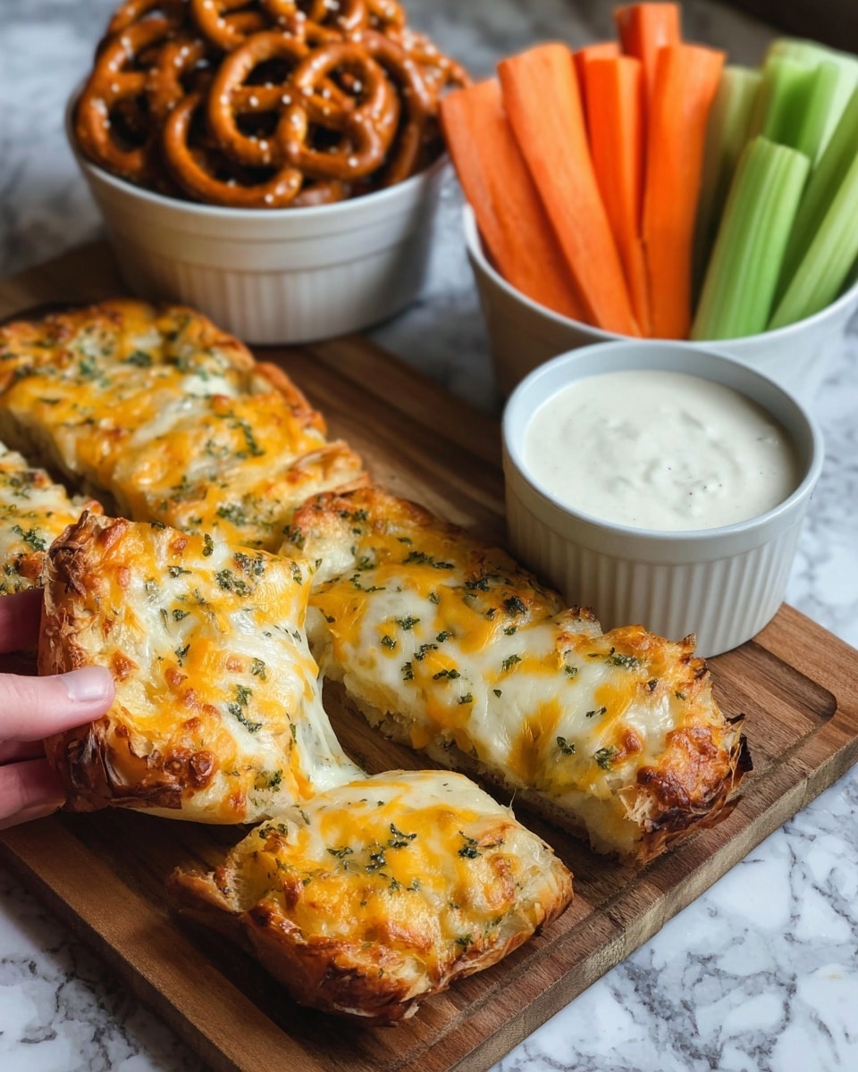 A wooden board holds five pieces of cheesy baked bread topped with melted golden-yellow and orange cheese mixed with herbs. One piece is dipped into a small white bowl filled with thick white sauce. Behind the board, a white bowl is filled with light brown pretzels, and next to it, a white bowl holds upright orange carrot sticks and green celery sticks. The background is a white marbled surface. A woman's hand is holding the dipped piece. photo taken with an iphone --ar 4:5 --v 7