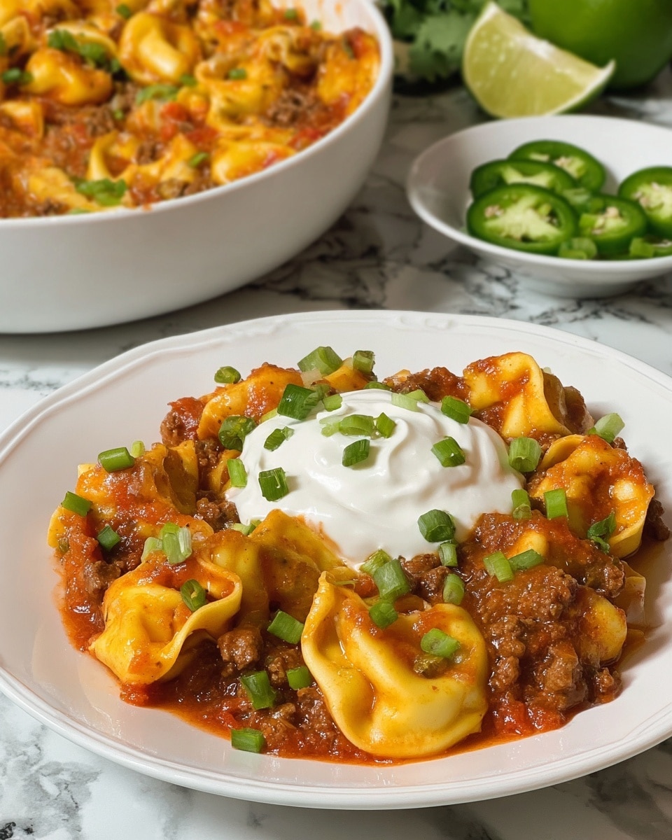 A white plate holds a dish with two main layers: the bottom layer is soft yellow tortellini mixed with red tomato sauce and small chunks of browned meat, creating a rich texture; the second layer is a swirl of white sour cream centered on top of the tortellini, garnished with chopped green onions scattered across the whole dish. In the background on a white marbled texture surface, there is a white bowl with sliced green jalapeños and lime halves visible alongside a large white bowl filled with more of the tortellini dish, sprinkled with extra green onions. Photo taken with an iphone --ar 4:5 --v 7