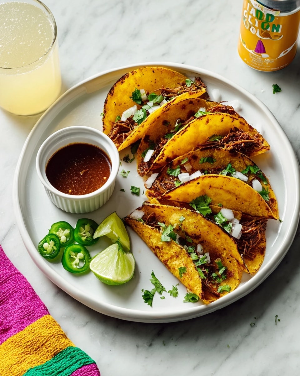 The image shows a white plate with four small folded tacos placed in a row, each shell golden yellow and slightly charred, filled with dark brown shredded meat. The tacos are topped with small pieces of chopped white onion and green cilantro. On the bottom right side of the plate, there are three small wedges of lime and two slices of green jalapeño pepper. At the top left corner of the plate is a small white ramekin filled with dark reddish-brown sauce. The plate sits on a white marbled surface, next to a glass with a light yellow drink and a nearby can with a colorful label. A colorful striped cloth with pink, yellow, green, and white colors is partially visible on the bottom left side. Photo taken with an iphone --ar 4:5 --v 7