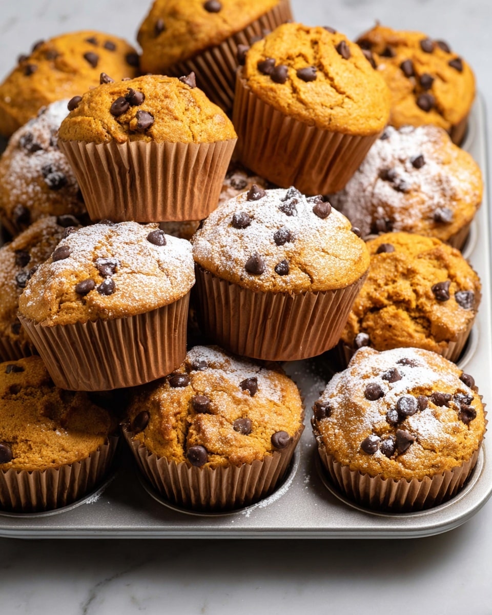 A tray filled with golden brown pumpkin chocolate chip muffins, each in a brown paper liner showing soft, crumbly tops dotted with dark chocolate chips. Some muffins sit firmly in the silver metal muffin tray, while others lean or rest on the tray’s rim, creating a casual, inviting arrangement. A light dusting of white powdered sugar decorates a few muffin tops, adding a subtle contrast to the warm orange hue of the muffins. The whole scene is set on a white marbled surface that softly reflects the muffins and tray, giving a clean and bright look to the composition. Photo taken with an iphone --ar 4:5 --v 7