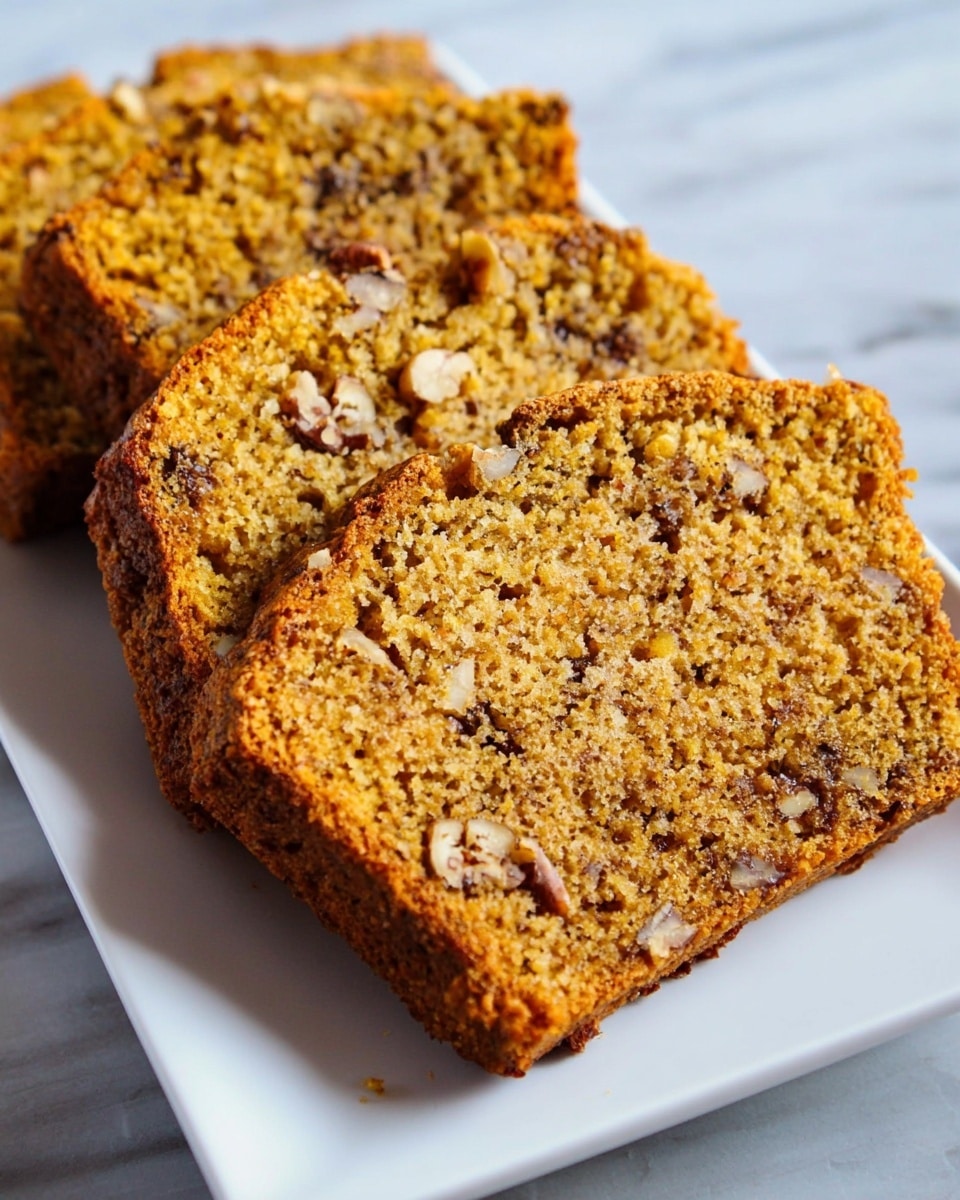The image shows four slices of orange-brown nut bread on a white rectangular plate placed on a white marbled surface. Each slice has a rough texture with visible pieces of nuts embedded evenly throughout the bread. The front slice is in sharp focus, showing a crunchy crust with a slightly darker hue, while the slices behind it gradually blur. The bread looks moist inside with a crumbly and dense texture, featuring a mix of light and dark brown nut pieces scattered throughout. The photo taken with an iphone --ar 4:5 --v 7