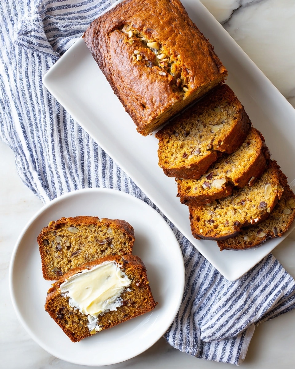 The image shows a loaf of orange-brown nut bread with a golden crust, partially sliced on a white rectangular plate. Four thick slices are neatly placed to the left side of the loaf, revealing a moist texture inside with pieces of nuts scattered throughout. Next to the plate is a white round plate with one slice of the bread spread with melting creamy butter. A blue and white striped cloth is casually placed near the plate, and the setup is on a white marbled surface. photo taken with an iphone --ar 4:5 --v 7
