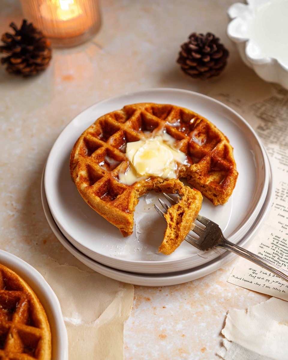 A close-up image shows a single golden-brown waffle with a thick texture on a stack of two white plates, topped with a partially melted dollop of light yellow butter in the center. A fork holds a bite-sized piece of the waffle, revealing its soft inside, and rests on the plate’s right side. The plates are on a white marbled surface with a rustic, light beige tone. Nearby, there is a lit pinecone, a glass of milk, and a partially visible white bowl with a scalloped edge. A weathered, torn piece of recipe paper lies underneath the plates, adding a cozy feeling. Photo taken with an iphone --ar 4:5 --v 7