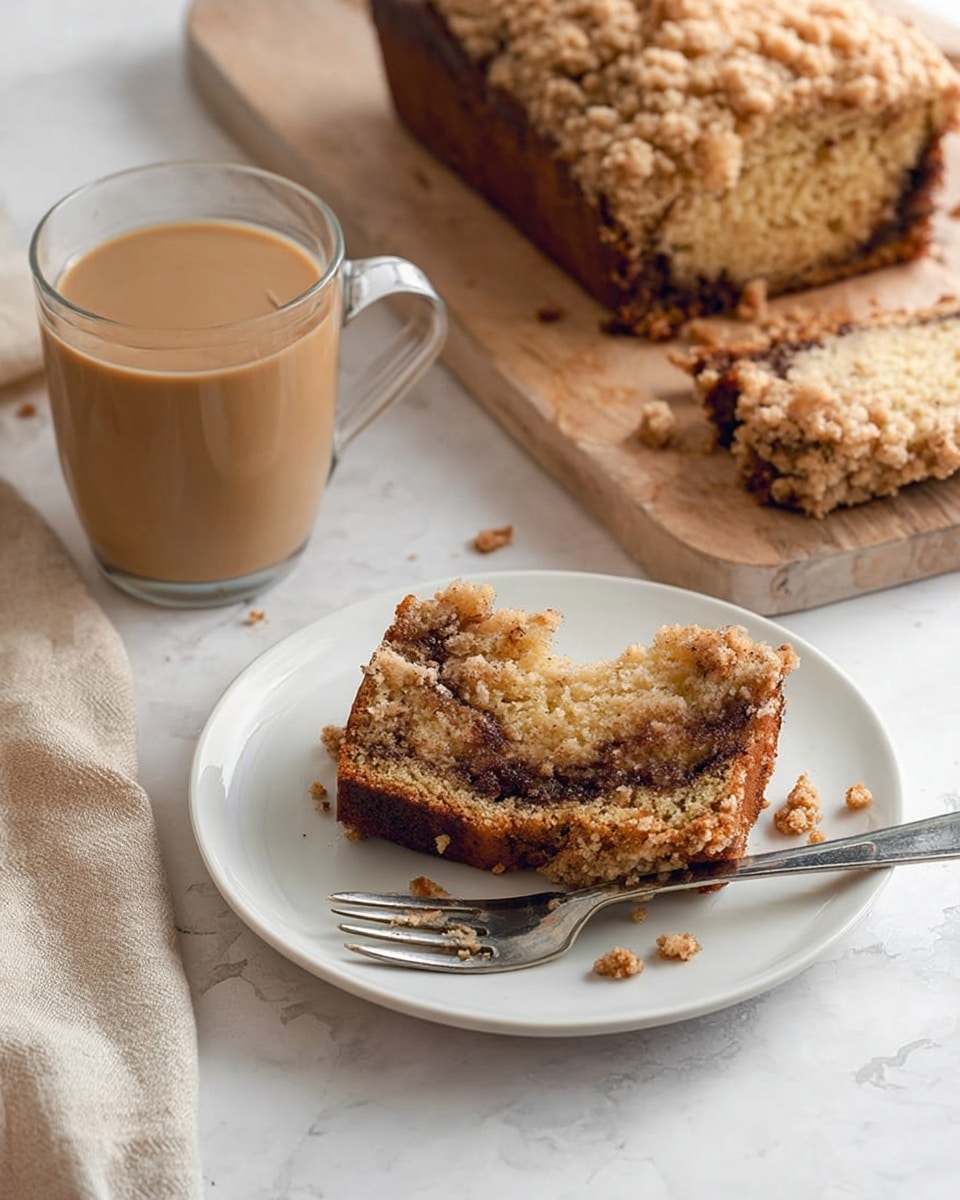 The image shows a melon loaf cake on a light wooden cutting board placed on a white marbled surface. The cake has a crumbly light brown crust on the top with some oat pieces visible. Inside, the cake is two-layered with a moist, golden brown texture marbled with dark brown streaks, likely chocolate or cinnamon. Two slices are cut from the loaf, exposing the soft inside layers with visible texture. A white spreader knife lies near the cake on the cutting board. Small crumbs are scattered around the cake and knife. photo taken with an iphone --ar 4:5 --v 7