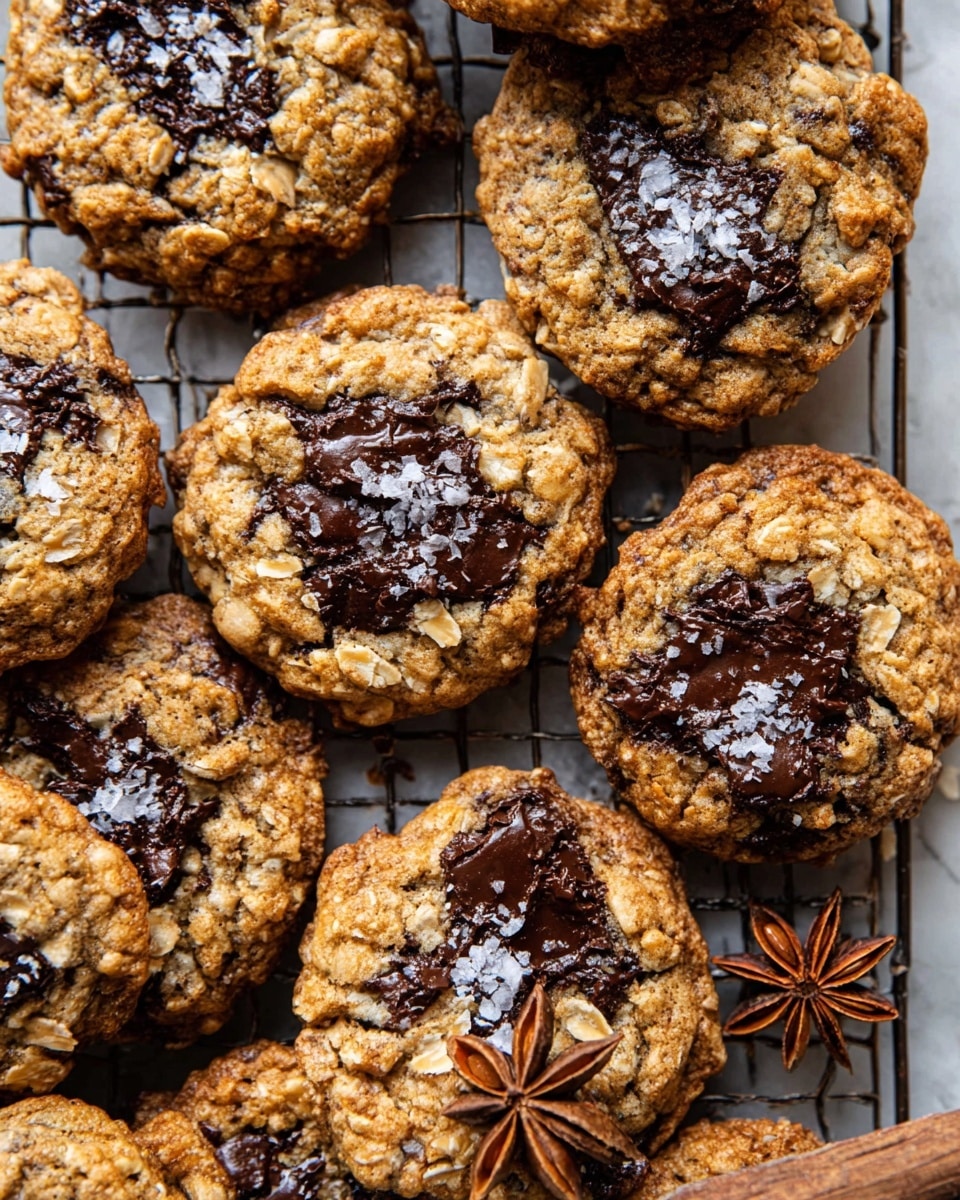 The image shows a close-up of multiple oatmeal chocolate chip cookies placed closely together on a wire rack over a white marbled surface. Each cookie has a rough texture with visible oats and chunks of melted dark chocolate spread unevenly across their golden-brown tops, some areas slightly darker from baking. The cookies have an uneven round shape and are sprinkled with coarse sea salt, adding a shiny touch. A rustic knife with a wooden handle lies underneath some cookies, partially visible. There are also two star anise placed near the knife, adding a subtle decorative element. The photo taken with an iphone --ar 4:5 --v 7