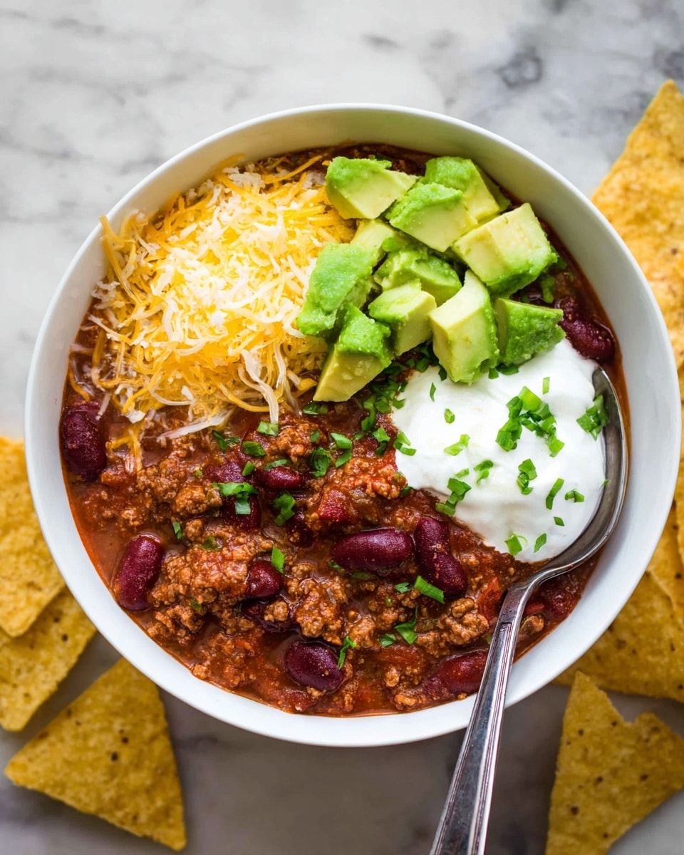 A white bowl filled with three main layers: the bottom layer is a thick chili mix with dark red kidney beans, brown cooked ground meat, and a reddish-brown sauce. On top of this is a layer of yellow shredded cheese spread in the center-left area and next to it on the right is a large dollop of white sour cream. The top-right part has several chunks of fresh green avocado. Some small green chopped chives are sprinkled on the sour cream and cheese. A silver spoon is resting in the bowl on the bottom right, partly inside the chili. The bowl is placed on a white marbled surface that has yellow tortilla chips around it. photo taken with an iphone --ar 4:5 --v 7