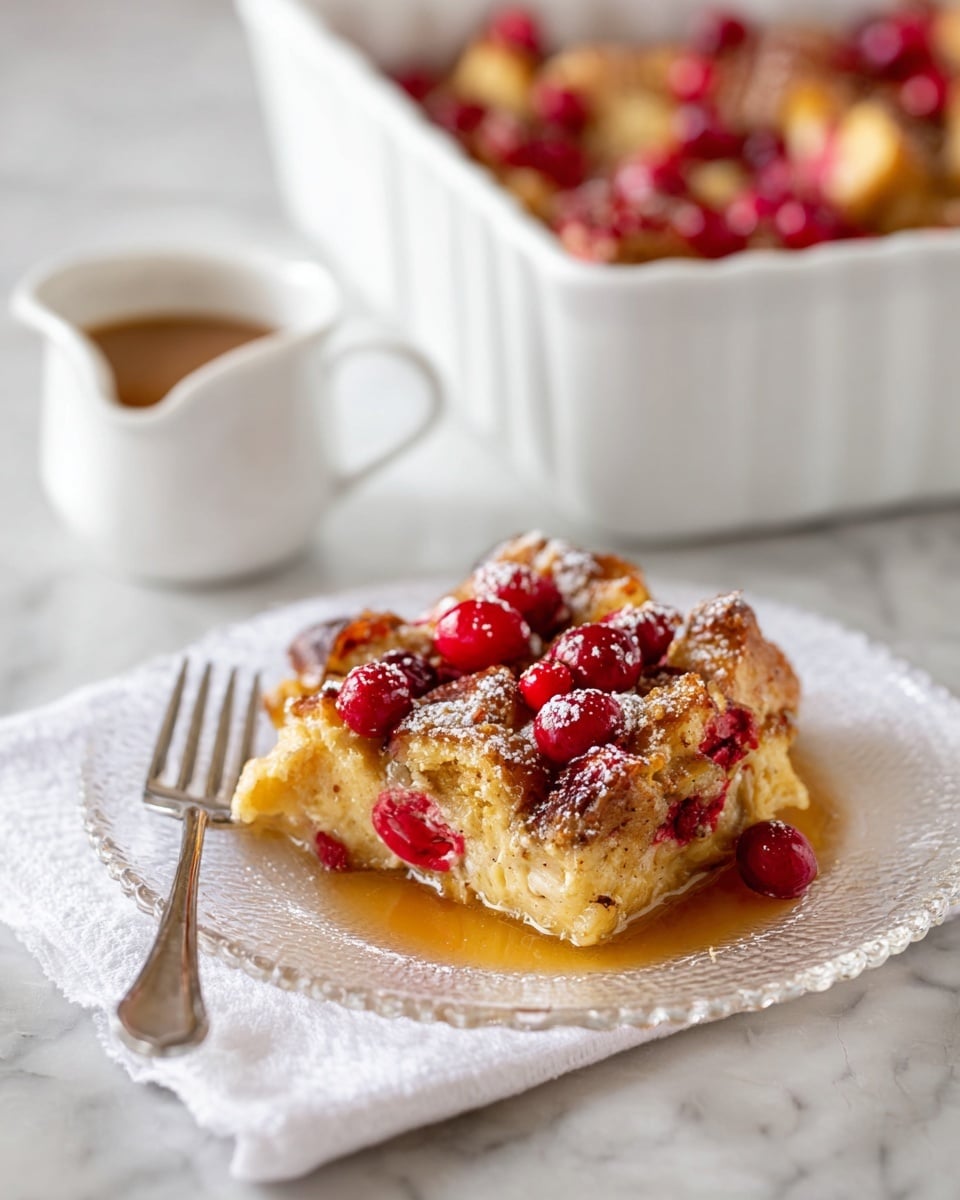 A clear glass plate holds a serving of bread pudding with a light golden-brown top layer slightly crispy in texture, interspersed with bright red whole cranberries scattered on top and mixed inside, creating a mix of smooth and bumpy textures in the middle layer of soft baked bread soaked in custard, all drizzled with a shiny syrup and dusted lightly with powdered sugar; the plate rests on a white cloth napkin on a white marbled surface, with a silver fork placed beside it. In the background, a white baking dish filled with the same bread pudding with cranberries is slightly out of focus, and a small white cup containing brown sauce sits nearby. Photo taken with an iphone --ar 4:5 --v 7
