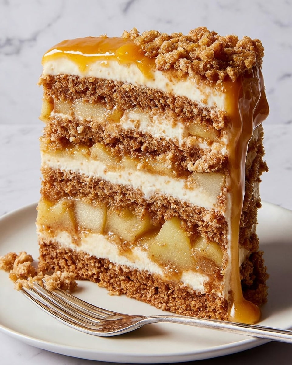 A tall slice of layered cake sits on a white plate with a silver fork beside it. The cake has four thick layers of light brown sponge, separated by creamy off-white frosting mixed with soft, cooked apple pieces that have a yellowish-brown color. The top of the cake shows a shiny, golden caramel sauce dripping slightly down the sides, with a thick layer of cream and a crumbly streusel topping that is light golden brown and slightly coarse in texture. The background is a white marbled surface. Photo taken with an iphone --ar 4:5 --v 7