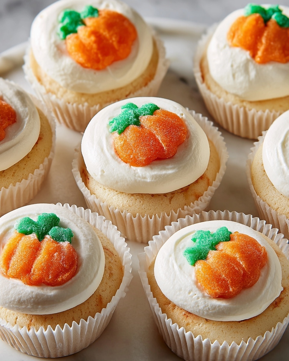 The image shows a group of small cupcake-like desserts, each in white paper liners arranged on a white marbled surface. Each dessert has two main layers: the bottom layer is a soft, light beige cake with an orange and green pumpkin design on top, and the top layer is a thick dollop of smooth, white whipped cream that covers part of the cake. The pumpkin design is round, bright orange with green leaves, and is positioned leaning into the whipped cream on each cupcake. The overall look is soft and creamy with a festive, autumn theme. Photo taken with an iphone --ar 4:5 --v 7
