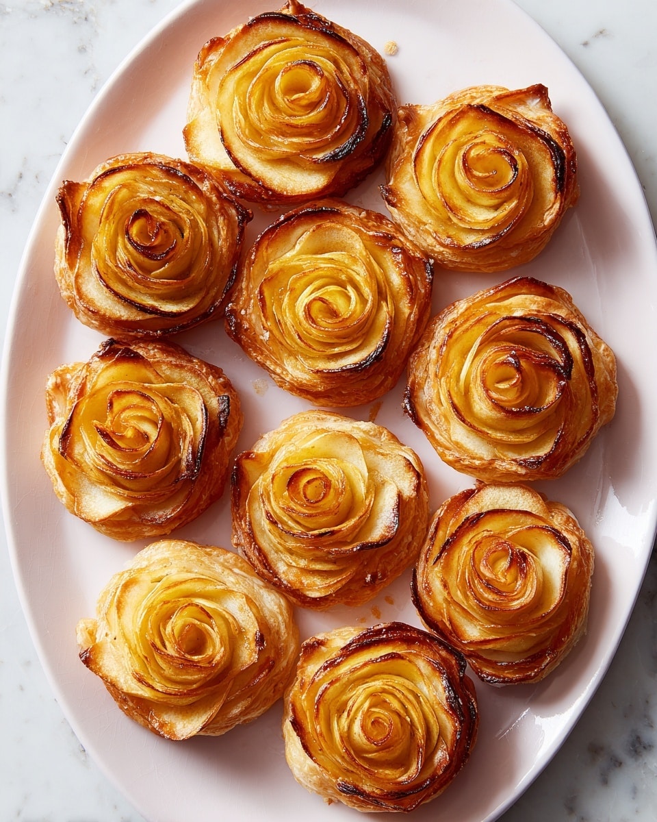 Five apple rose-shaped pastries are arranged closely on a white plate, placed on a white marbled surface. Each pastry has multiple layers of thin apple slices with a golden-brown edge, curling softly upwards to form a delicate rose shape. The apple layers are shiny with a light glaze and show a gradient from pale yellow at the center to deeper brown at the edges. Beneath the apple petals, the pastries consist of flaky, puff pastry layers that are golden and crispy, with a slightly irregular texture and some sugar crystals sprinkled on top. The lighting highlights the glossy fruit and the textured crust, making the pastries look warm and inviting. Photo taken with an iphone --ar 4:5 --v 7