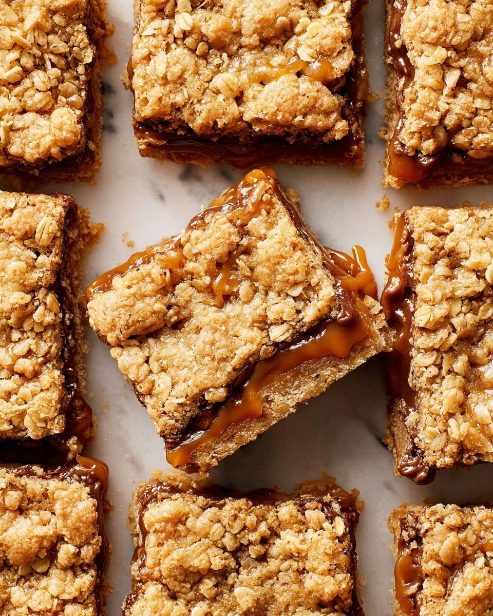 The image shows nine square oat bars arranged close together on a white marbled surface. Each bar has two visible layers: a top and bottom layer made of crumbly oat crust with a golden beige color and visible oat flakes, and a middle layer of melted caramel and chocolate that oozes slightly between the oat layers. One oat bar in the center is slightly lifted, showing a clearer view of the thick caramel-chocolate filling. The bars have a rough texture with visible cracks and chunks of oats on top. photo taken with an iphone --ar 4:5 --v 7