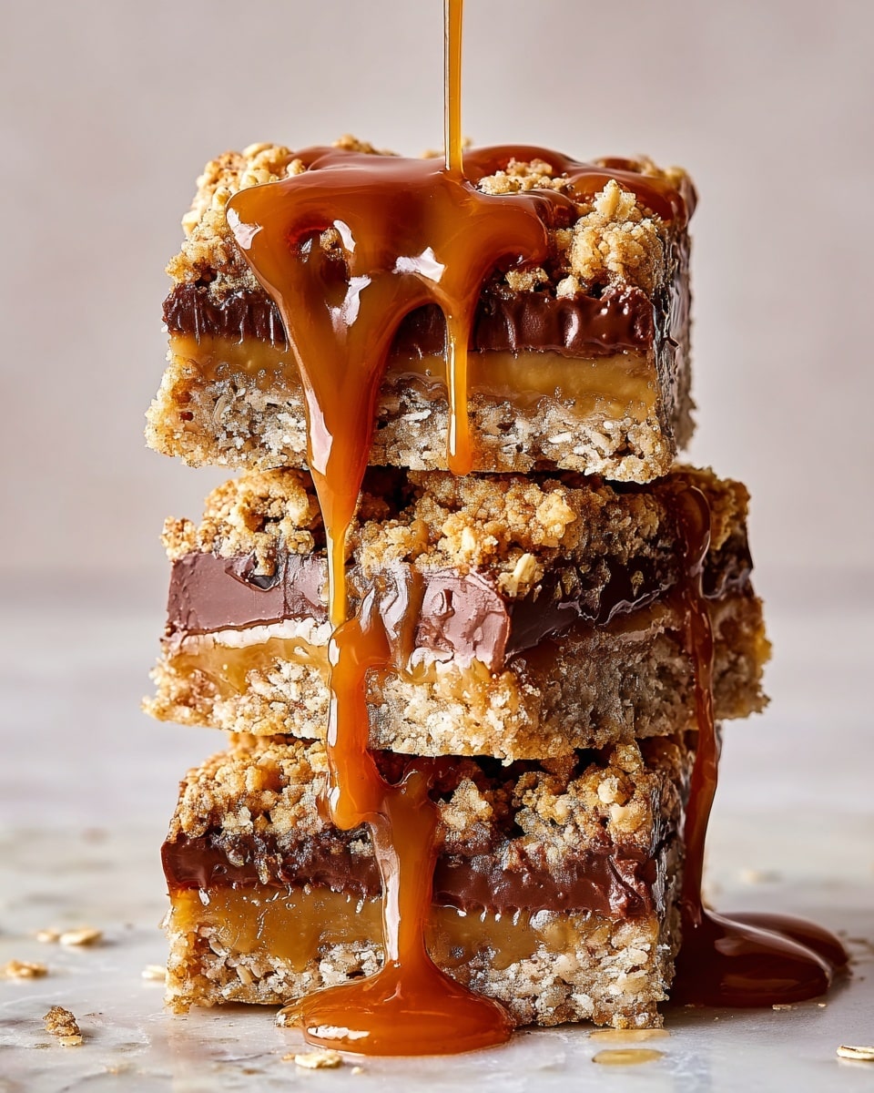 The image shows a stack of three square dessert bars on a white marbled surface. Each bar has three thick layers: a crumbly light brown oat crust at the bottom, a smooth, rich dark chocolate layer in the middle, and a crumbly oat topping on top. Thick caramel sauce is dripping over the sides of the stack, creating shiny amber lines down the bars and pooling slightly at the bottom. The oats in the crust and topping add a rough texture with visible pieces throughout. The photo is clear and bright, with the caramel in motion as it pours down, highlighting the layers and textures. photo taken with an iphone --ar 4:5 --v 7