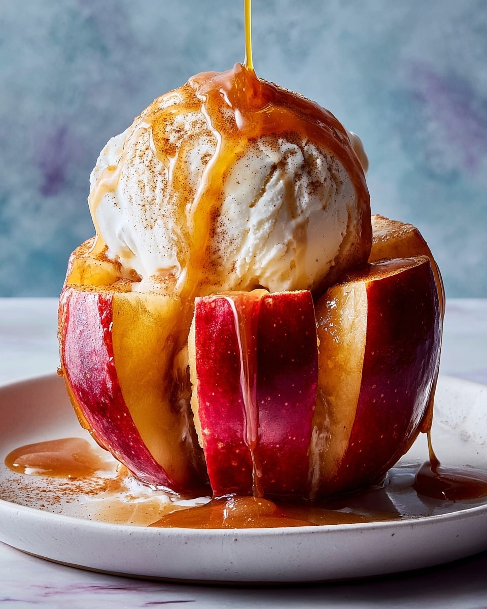 Two round baked apples with a deep golden brown color and slightly cracked tops sit on a white plate. Each apple is sliced almost to the bottom into sections but still holds its round shape, showing a shiny, caramelized skin. On top of each apple is a large scoop of creamy vanilla ice cream, smooth and slightly melting, with one scoop drizzled with a light caramel sauce. The plate rests on a white marbled surface. Photo taken with an iphone --ar 4:5 --v 7